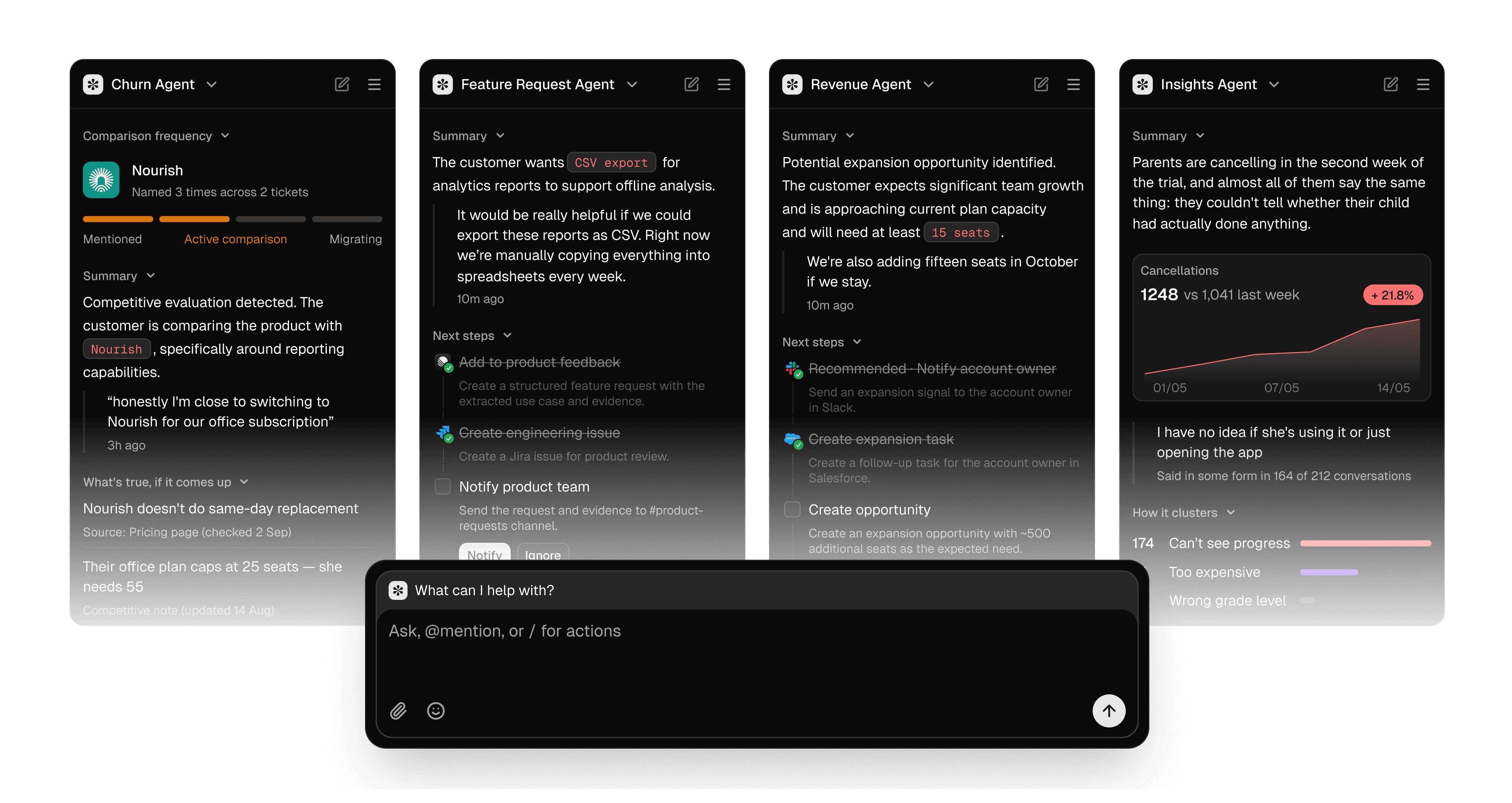 Helply Background Agents for churn detection, feature requests, revenue and insights