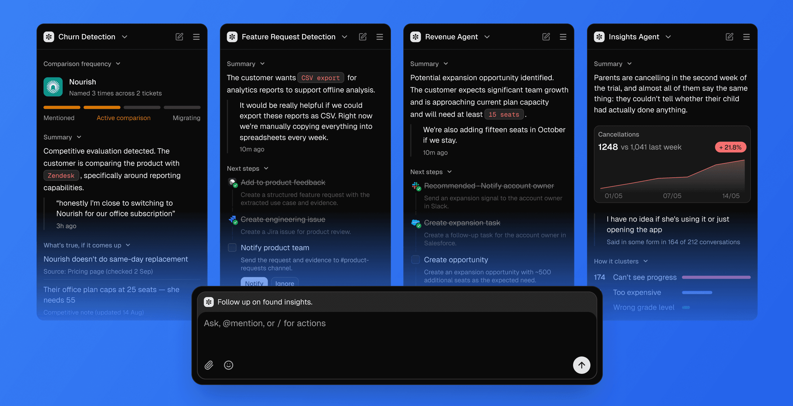 Helply Background agents for churn detection, feature requests, revenue and insights