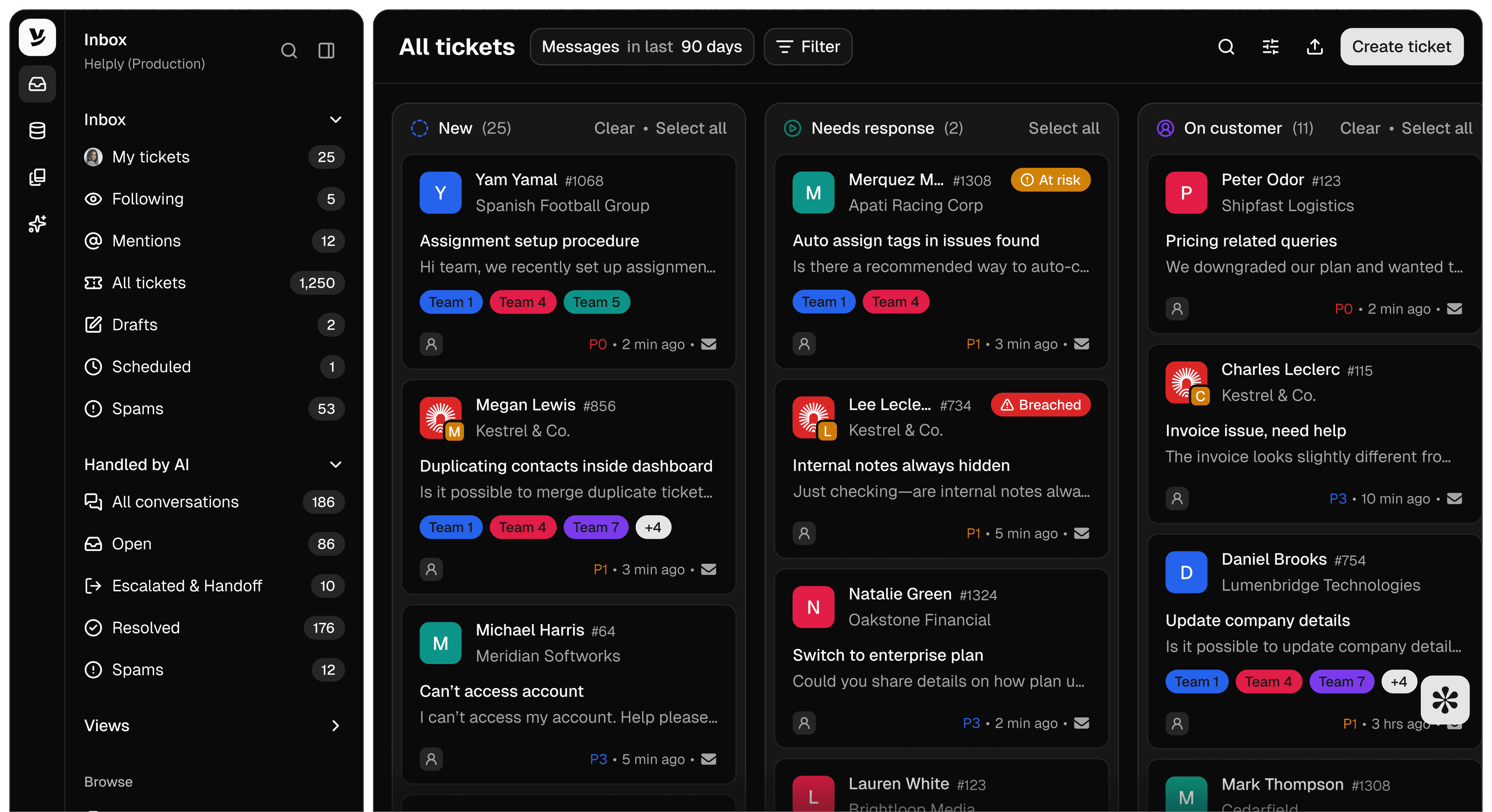 Helply inbox showing New, Needs response and On customer columns, team tags, and a Handled by AI section