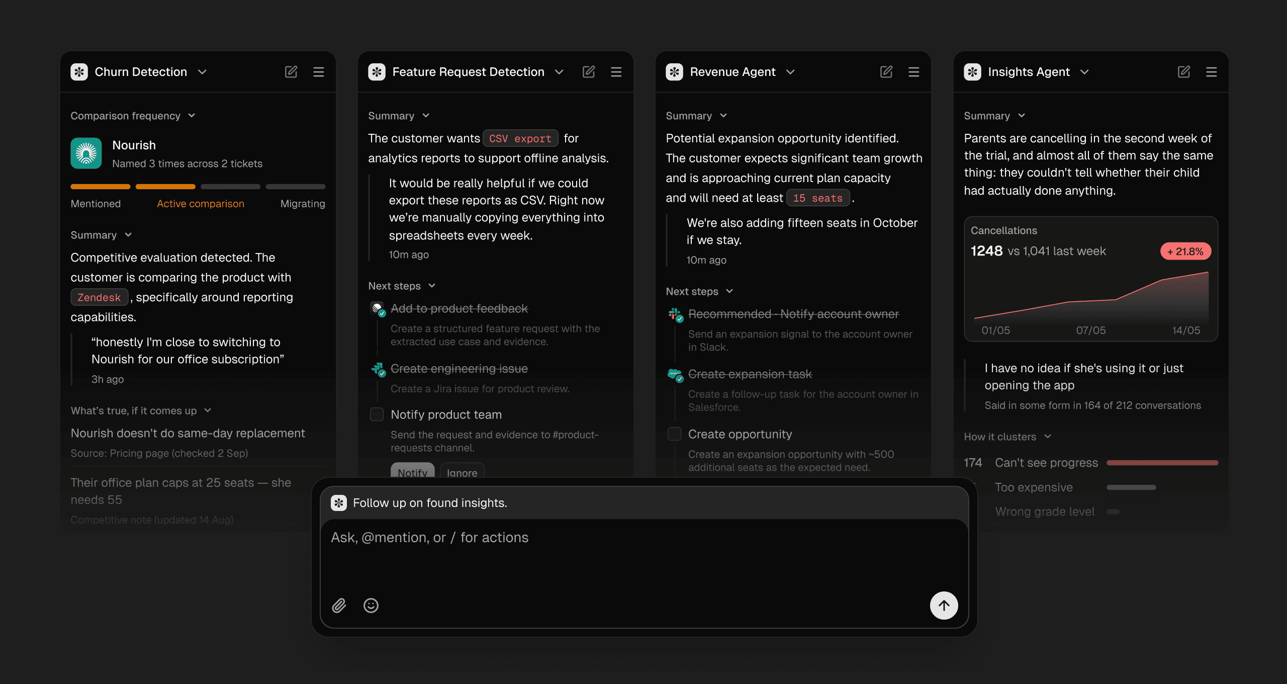 Four custom Helply agents built for different jobs: churn detection, feature request detection, revenue and insights, each summarizing what it found and the next steps