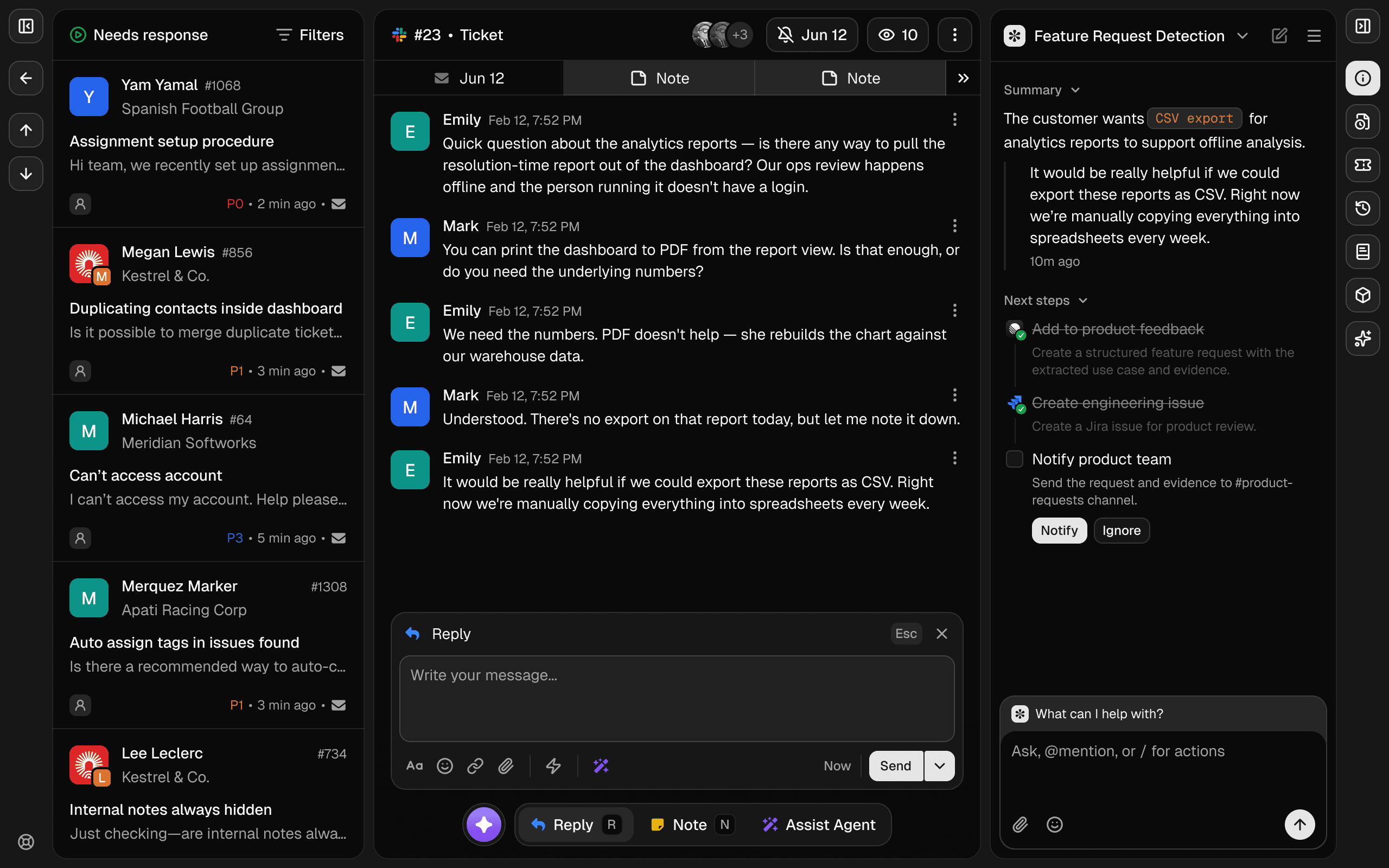 Helply Feature Request Agent beside a conversation, summarizing a CSV export request with next steps to log the feedback and notify the product team
