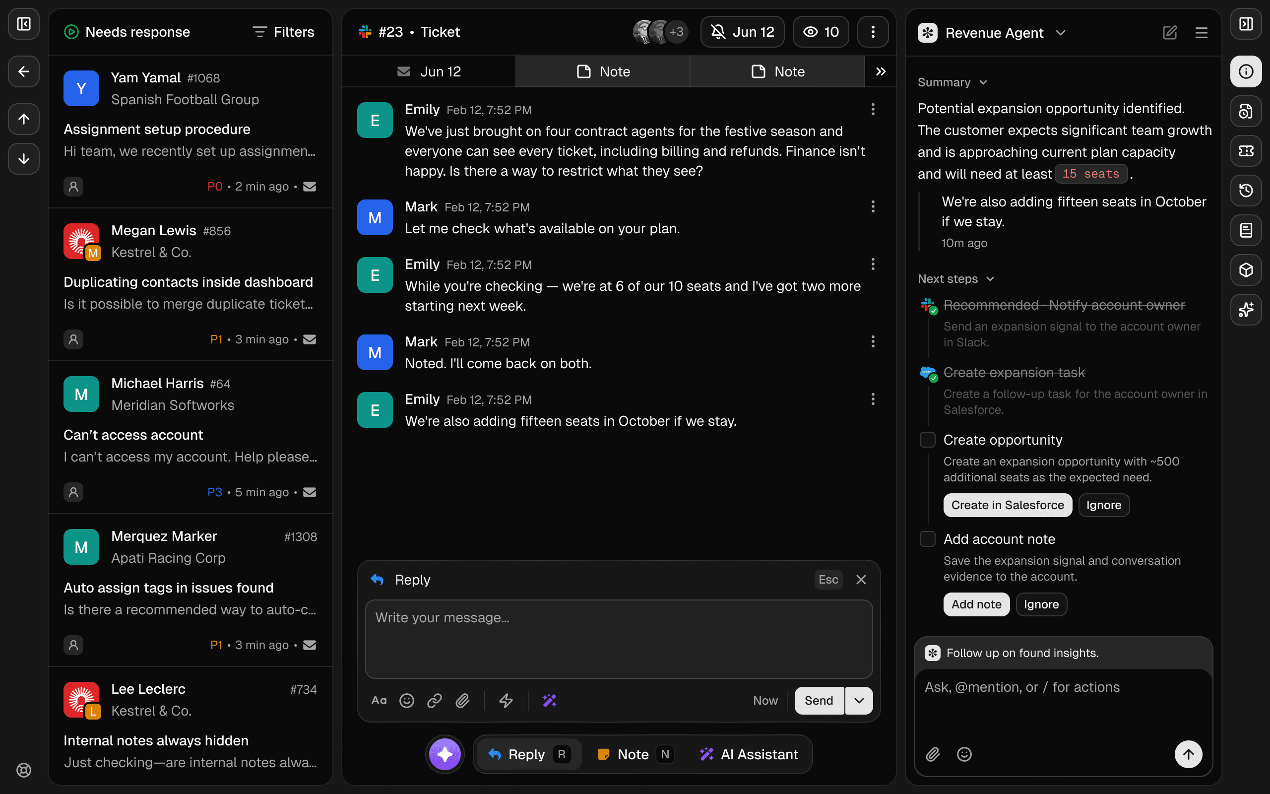 Helply Revenue Agent beside a conversation, spotting an expansion opportunity with next steps to notify the account owner and create an opportunity