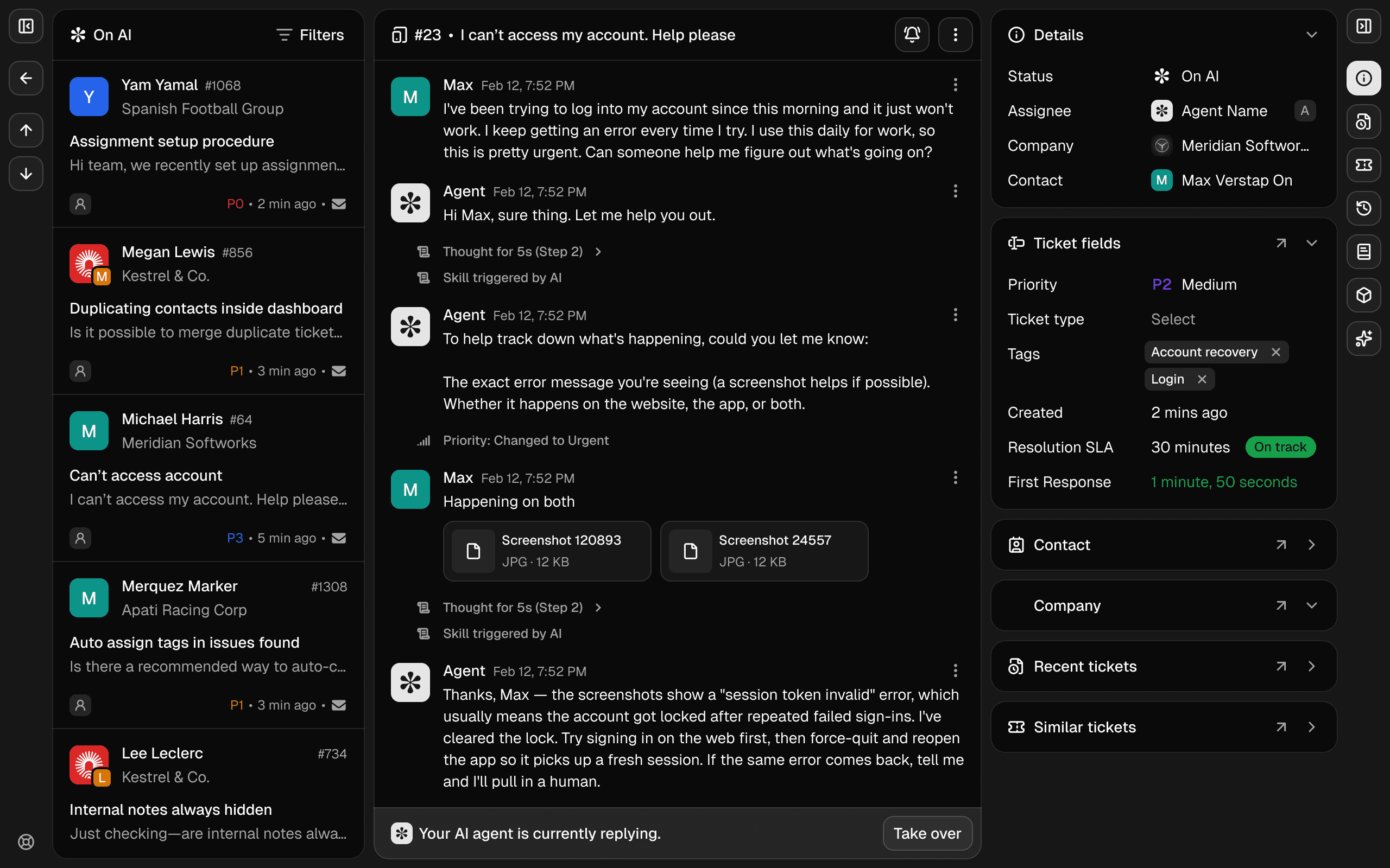 Helply Support Agent resolving a login issue in the inbox, with ticket fields, SLA status and a Take over button for the team