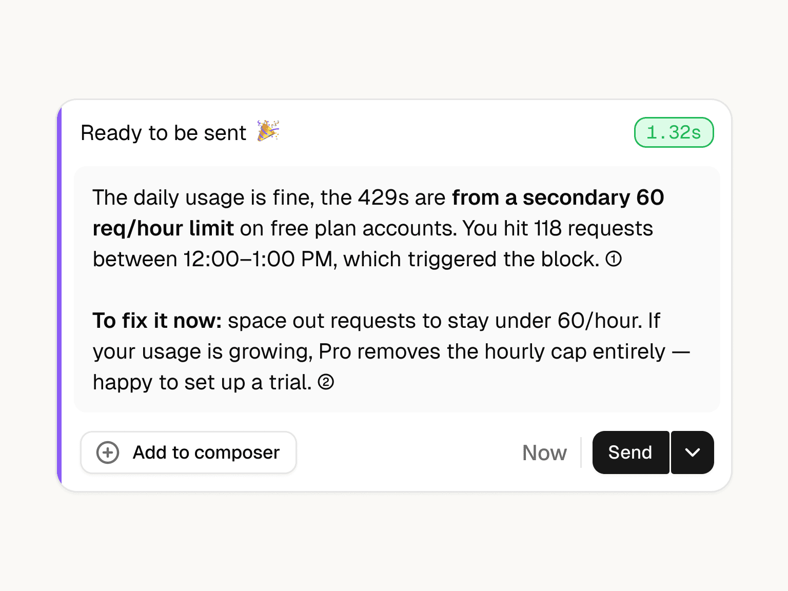 A complete draft sits waiting in the reply box. screenshot