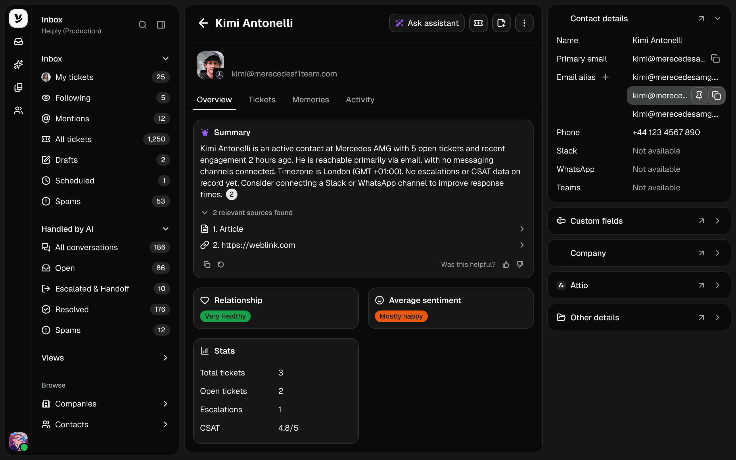 A Helply contact record with an AI summary of the relationship, sentiment, ticket stats and contact details