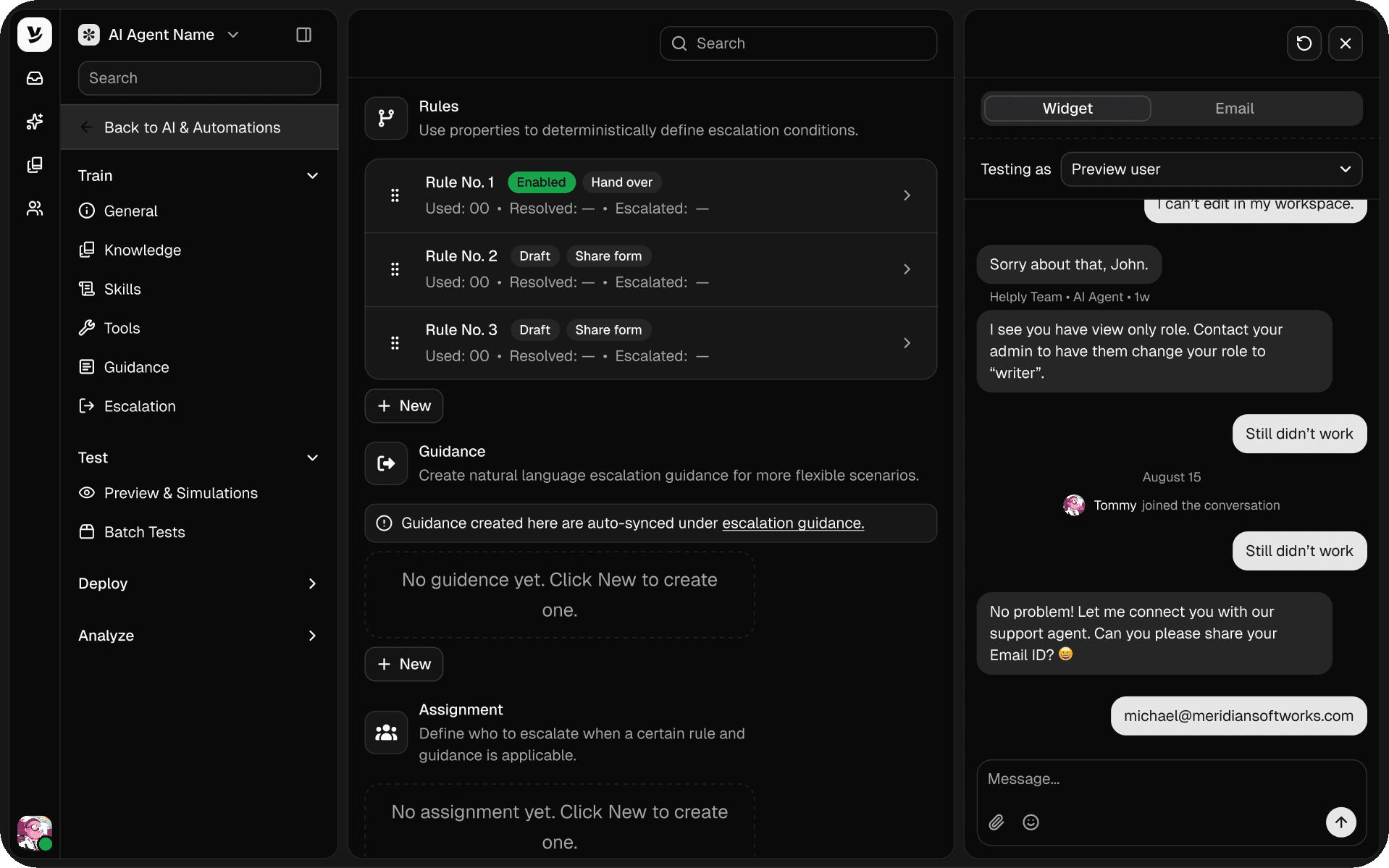 Escalation rules in Helply with hand-over and share-form rules, escalation guidance and assignment, beside a chat preview