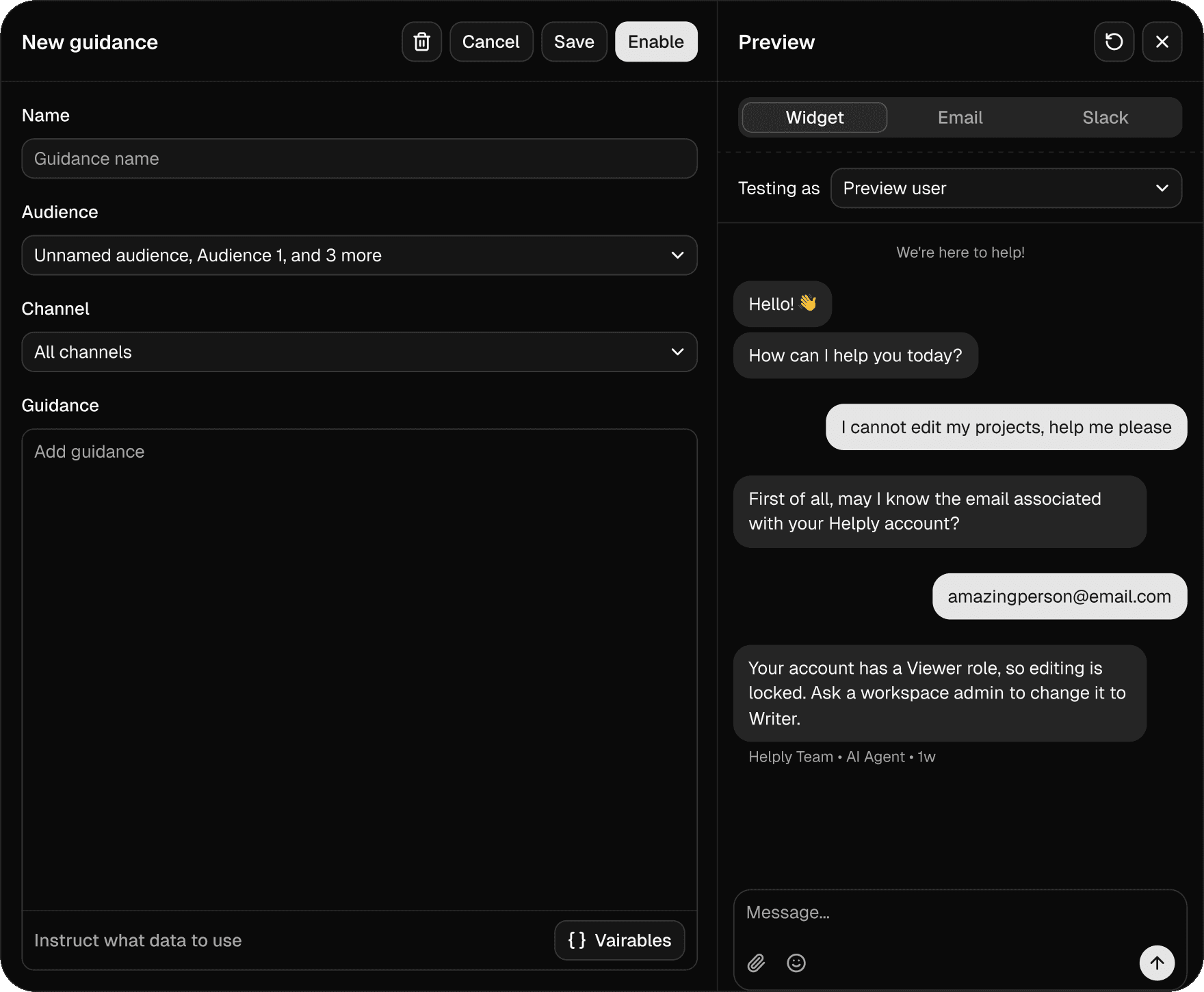 New guidance editor in Helply with name, audience and channel fields beside a live chat preview of the agent following it