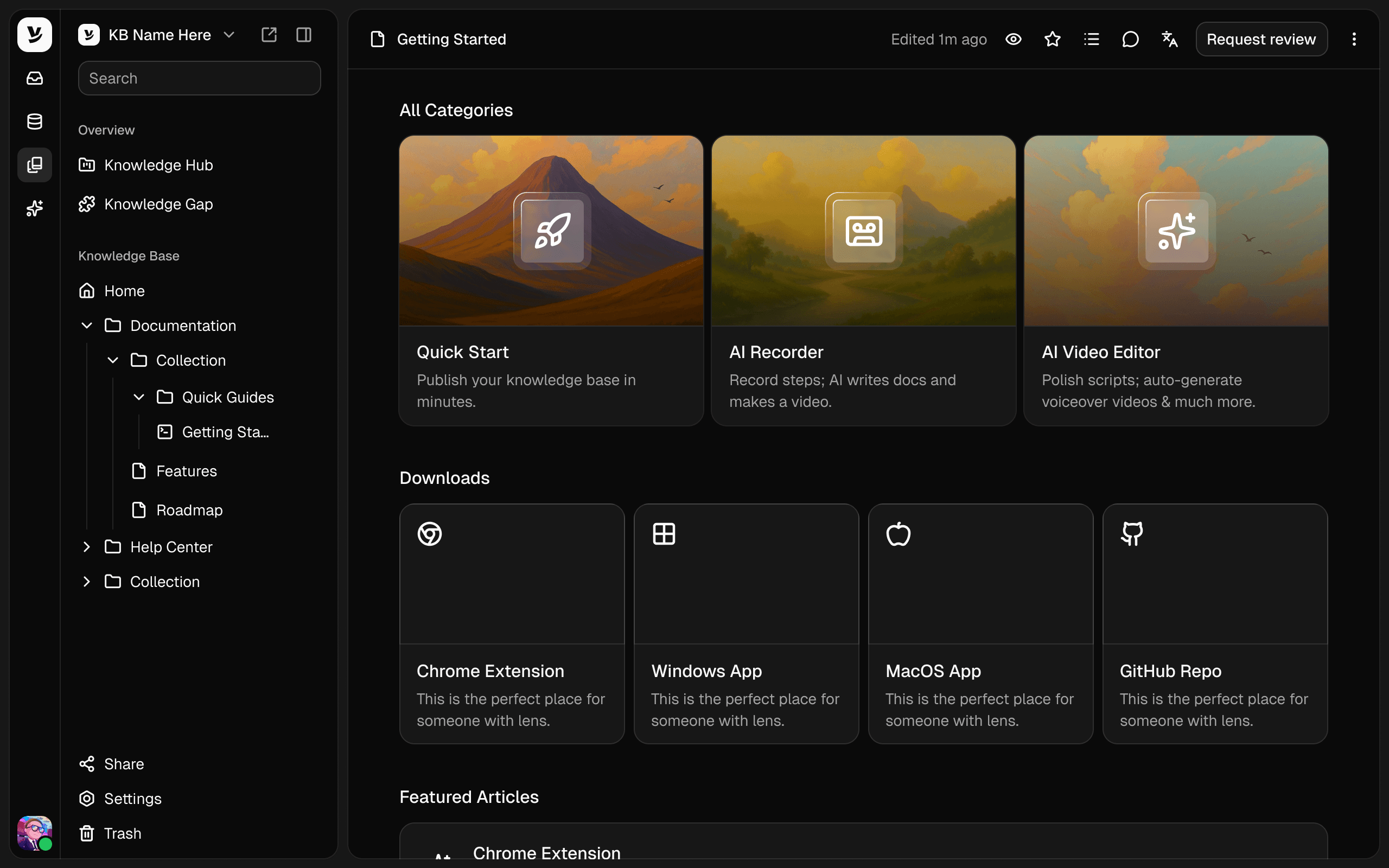 A Helply help center in the editor: a Getting Started page with category cards, downloads and featured articles beside the knowledge base tree