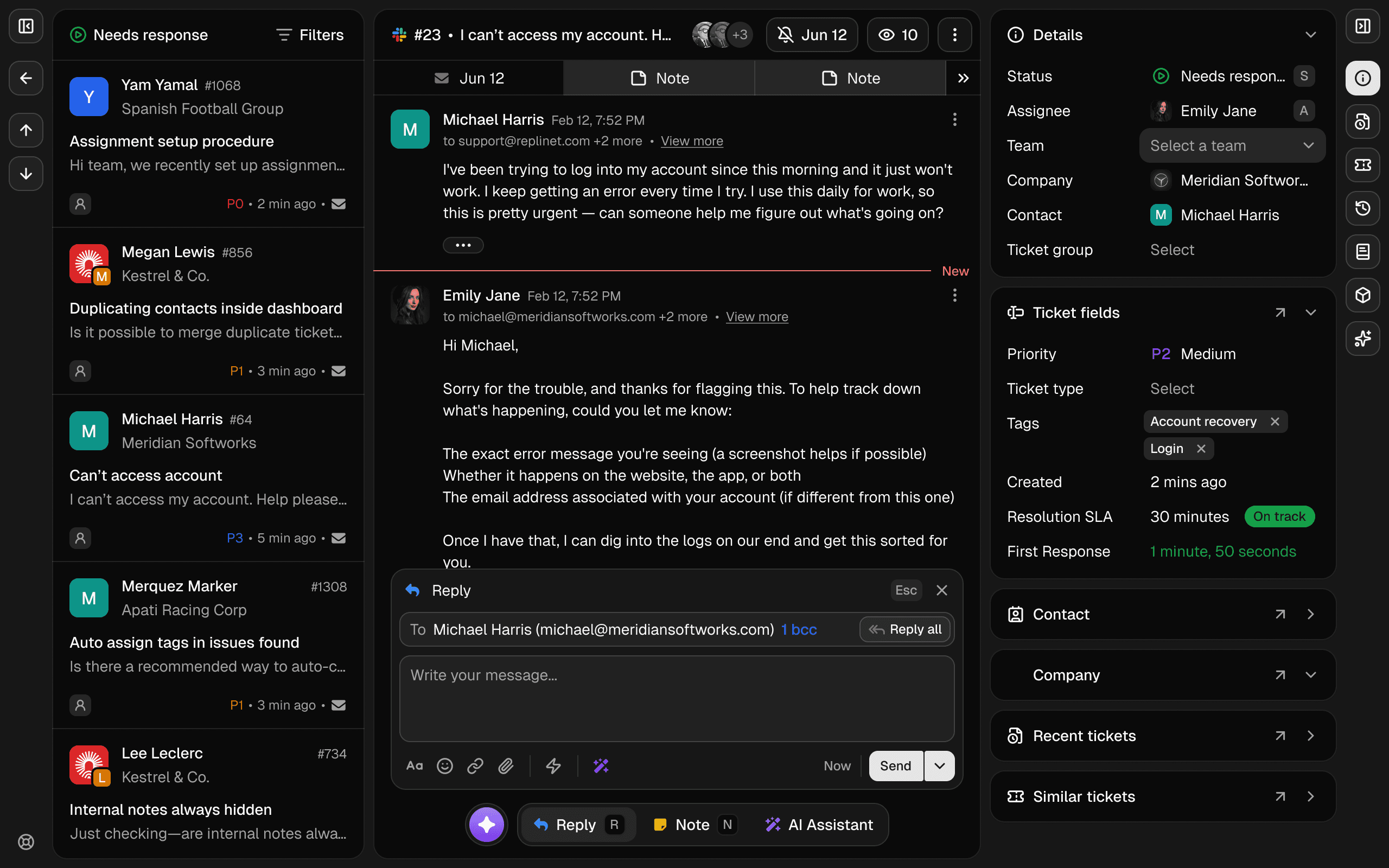 A customer conversation in Helply with the reply composer open and ticket fields, SLA status and contact details alongside