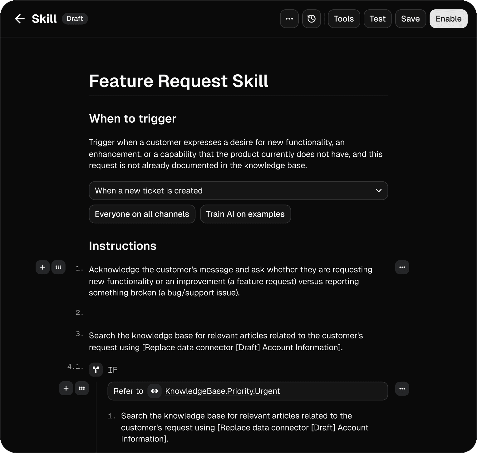 Skill editor in Helply showing a Feature Request Skill: when it triggers, which channels it runs on, and the step-by-step instructions the agent follows