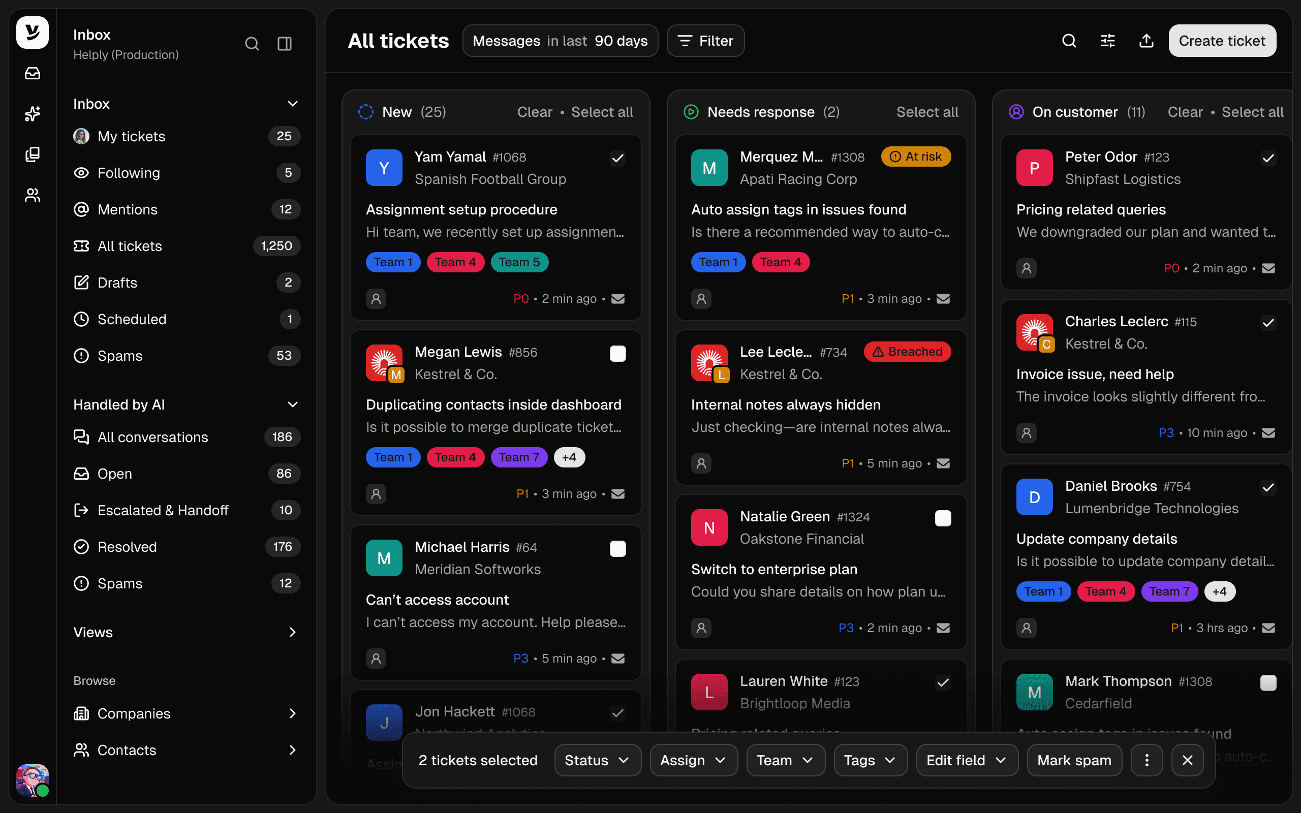 Helply inbox with the All tickets board: New, Needs response and On customer columns, with two tickets selected for bulk status, assignment and tagging
