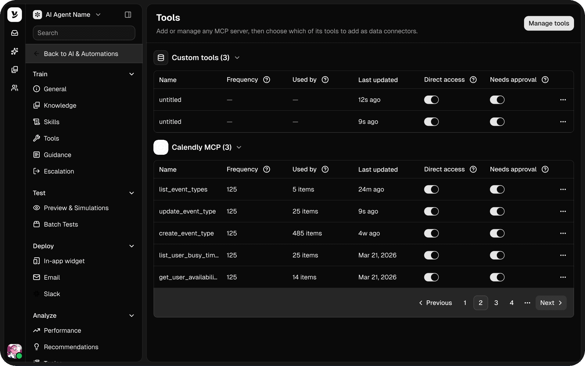 Tools screen in Helply listing custom tools and Calendly MCP tools with usage, direct access and approval toggles