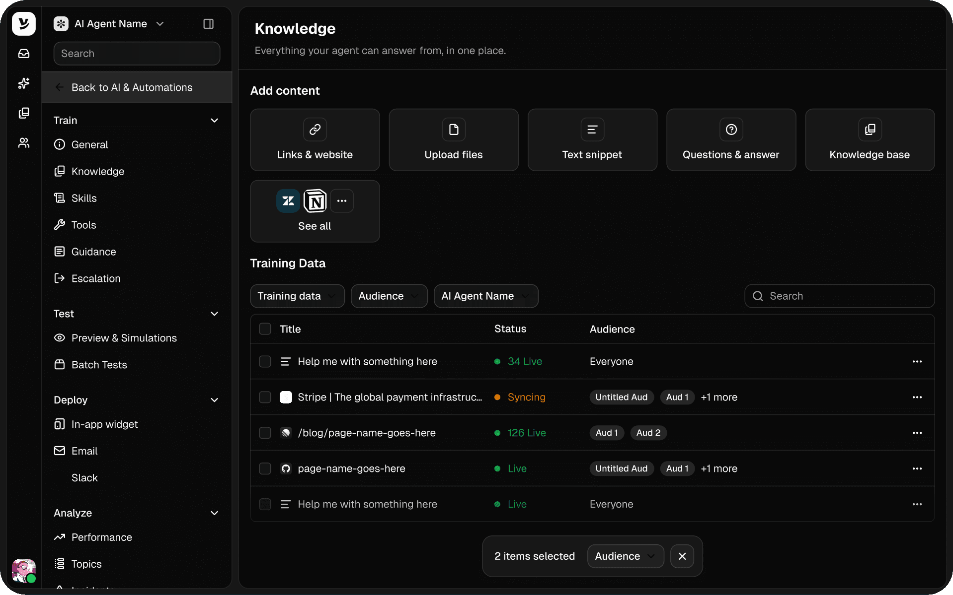 Training data screen in Helply Knowledge: add links, files, snippets and Q&A, with a table of sources and their sync status