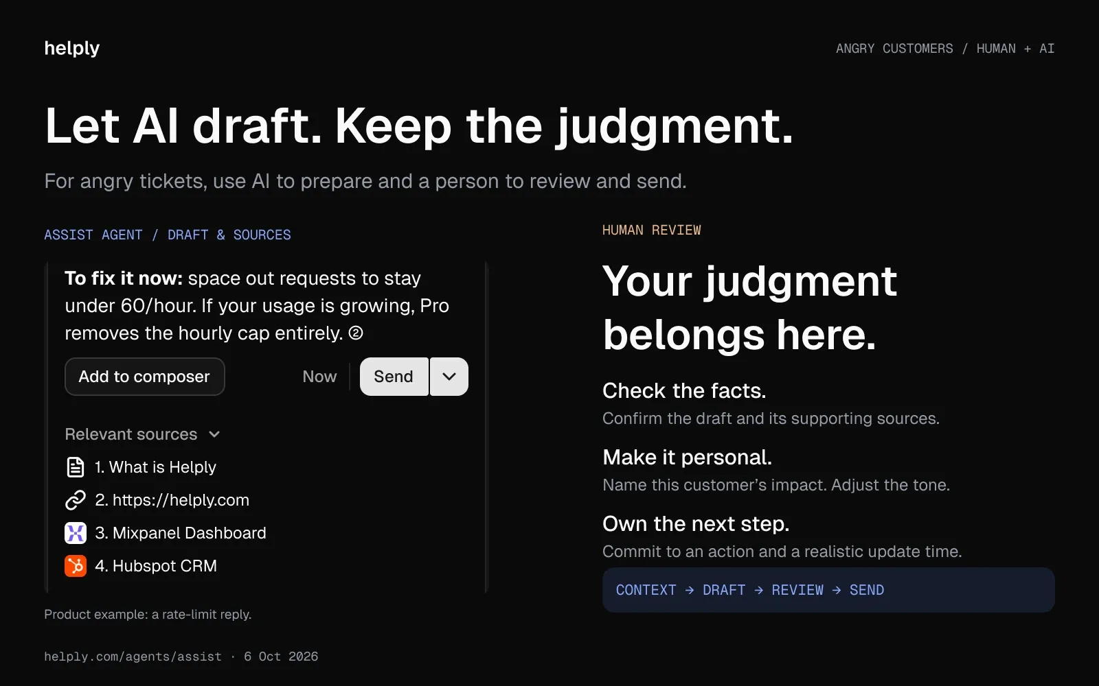 Helply Assist Agent reply controls and relevant sources beside human review steps: check facts, adjust the tone, and own the next step.