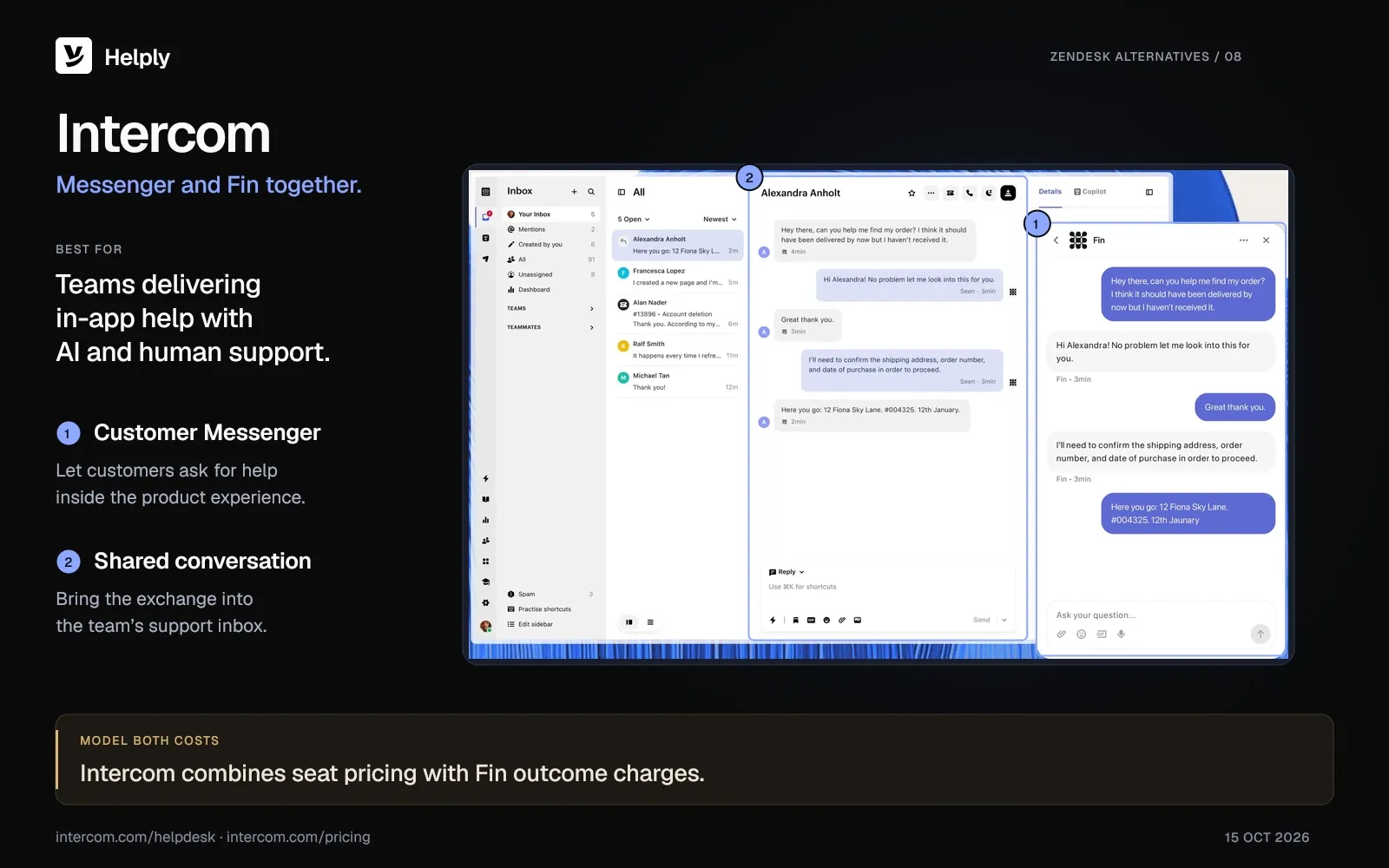 Intercom helpdesk and Fin Messenger displaying the same customer conversation in the agent inbox and customer chat view.