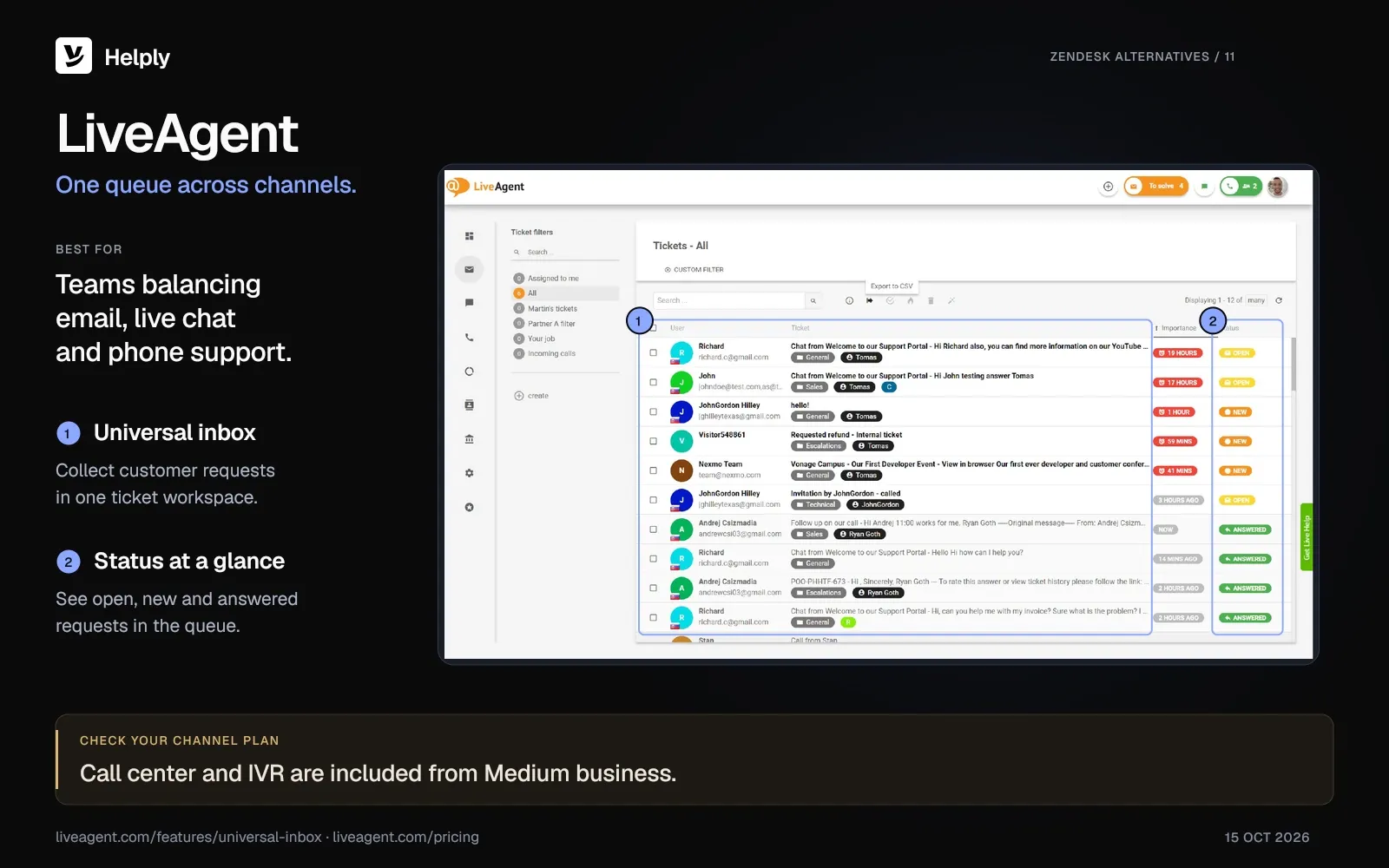 LiveAgent universal inbox with a shared ticket list, channel controls and visible Open, New and Answered status labels.