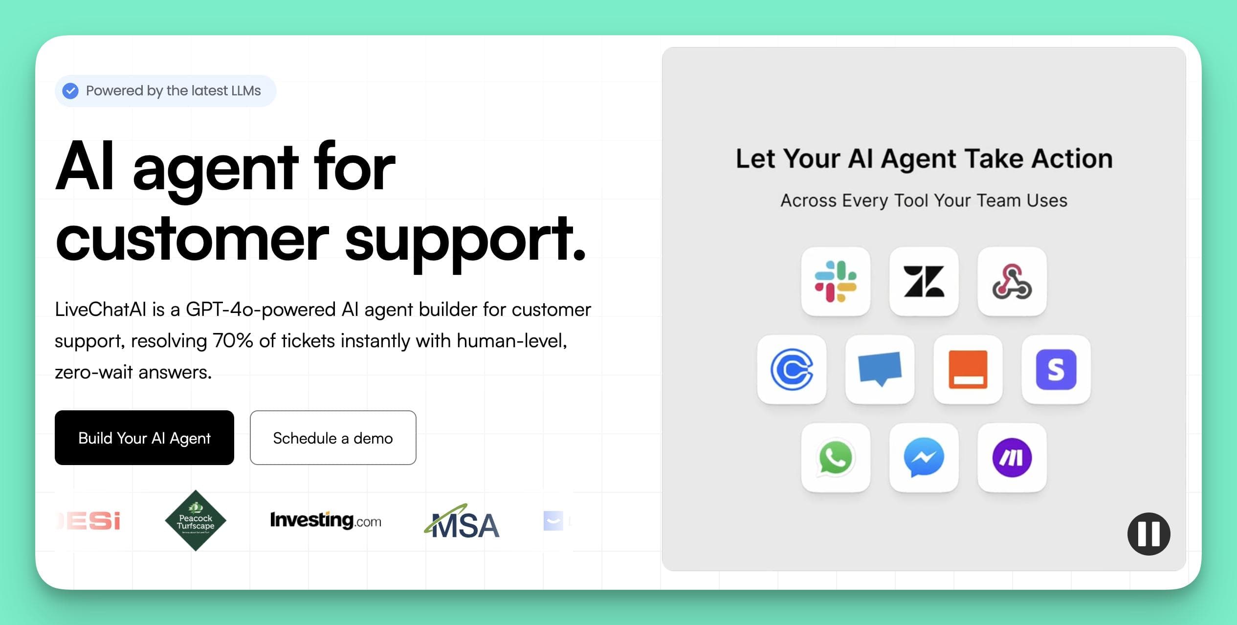 Screenshot of the LiveChatAI homepage, an Intercom Fin alternative, highlighting its AI agent for customer support that integrates with tools like Slack, Zendesk, and WhatsApp.