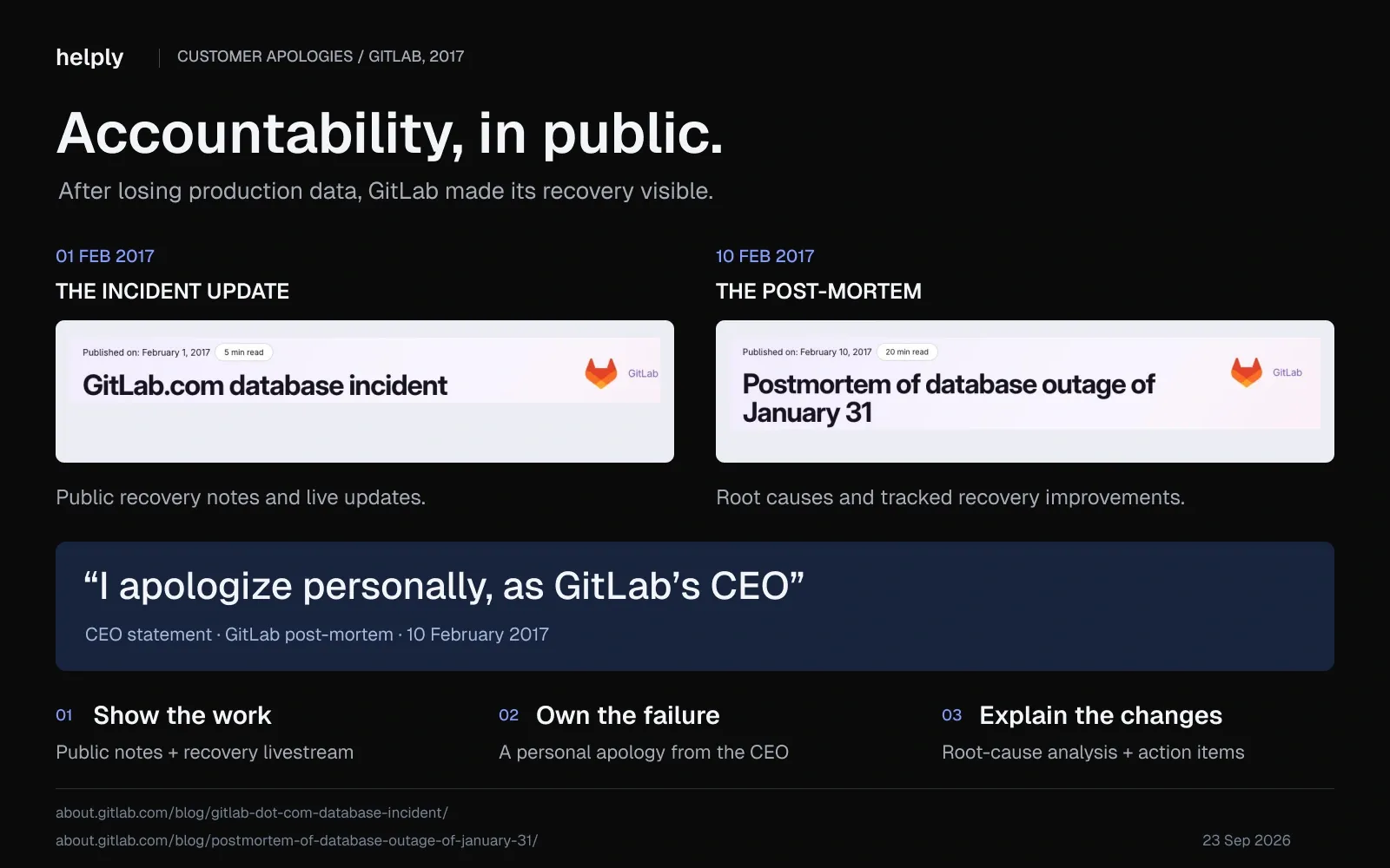 GitLab’s 2017 incident update and post-mortem, paired with its CEO’s personal apology and lessons on transparent customer communication.