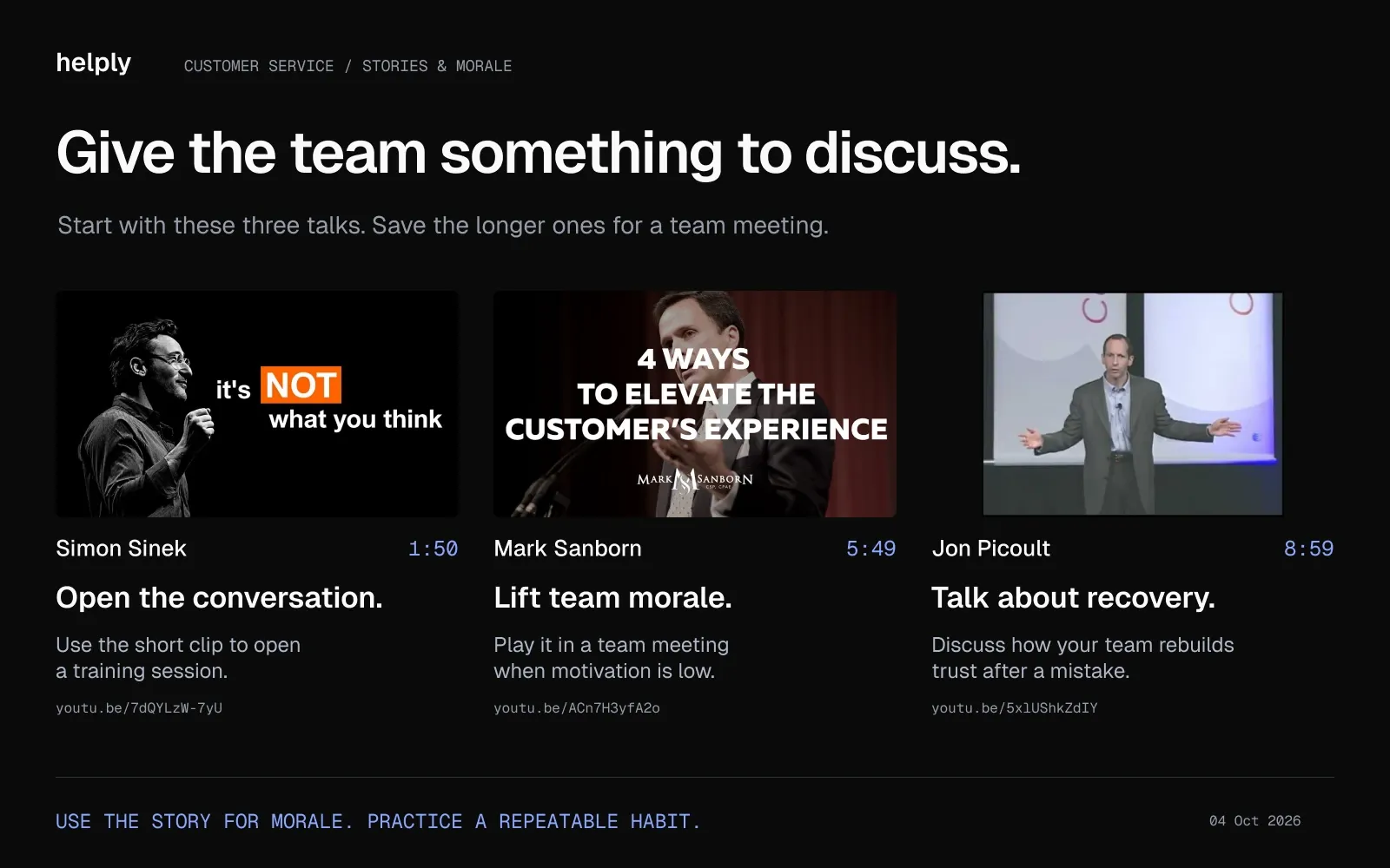 Simon Sinek, Mark Sanborn and Jon Picoult video thumbnails with runtimes and suggested uses for session openers, team morale and service recovery.