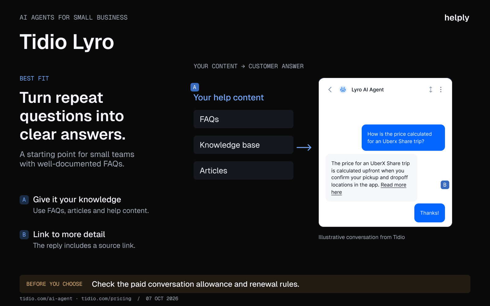 Tidio Lyro chat example showing a customer question, an AI answer and a source link beside a help-content workflow.