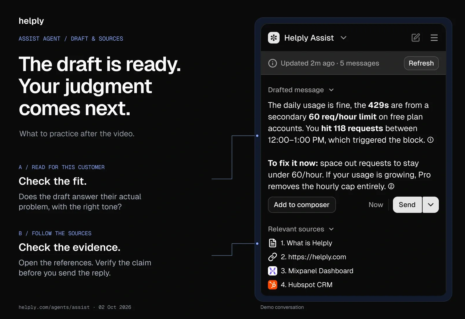 Helply Assist draft and linked sources, with callouts prompting the rep to check customer context, tone, and evidence before sending.