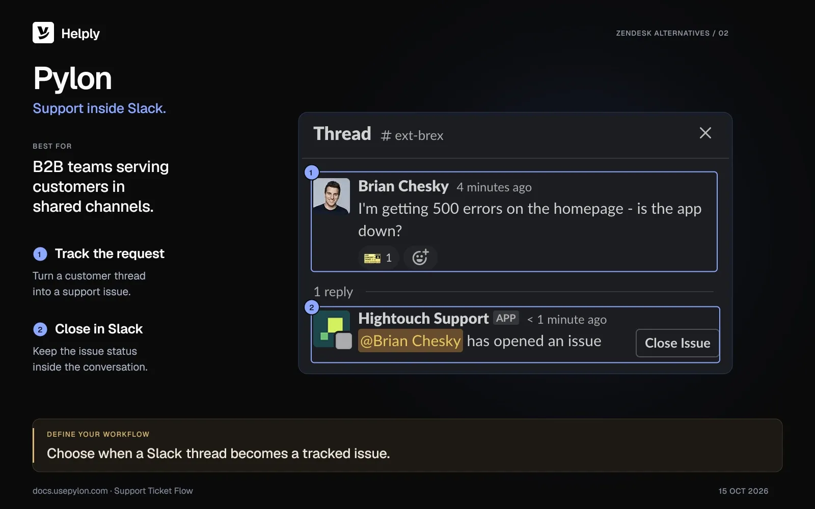 Pylon Slack support example showing a customer’s error report, a ticket reaction and a Close Issue control in the thread.