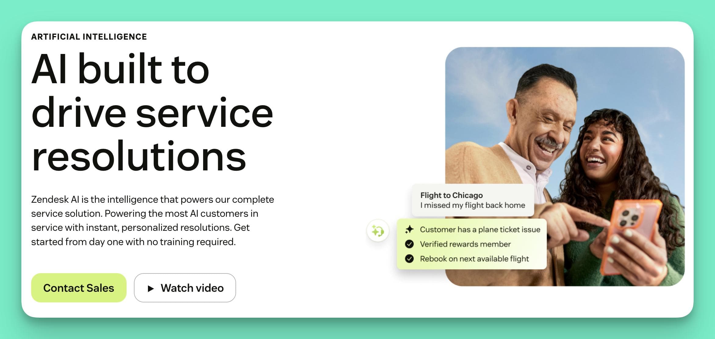 A promotional image for Zendesk AI, featured as one of the best LiveAgent alternatives, showing how its artificial intelligence drives service resolutions by automatically handling a customer's flight rebooking.