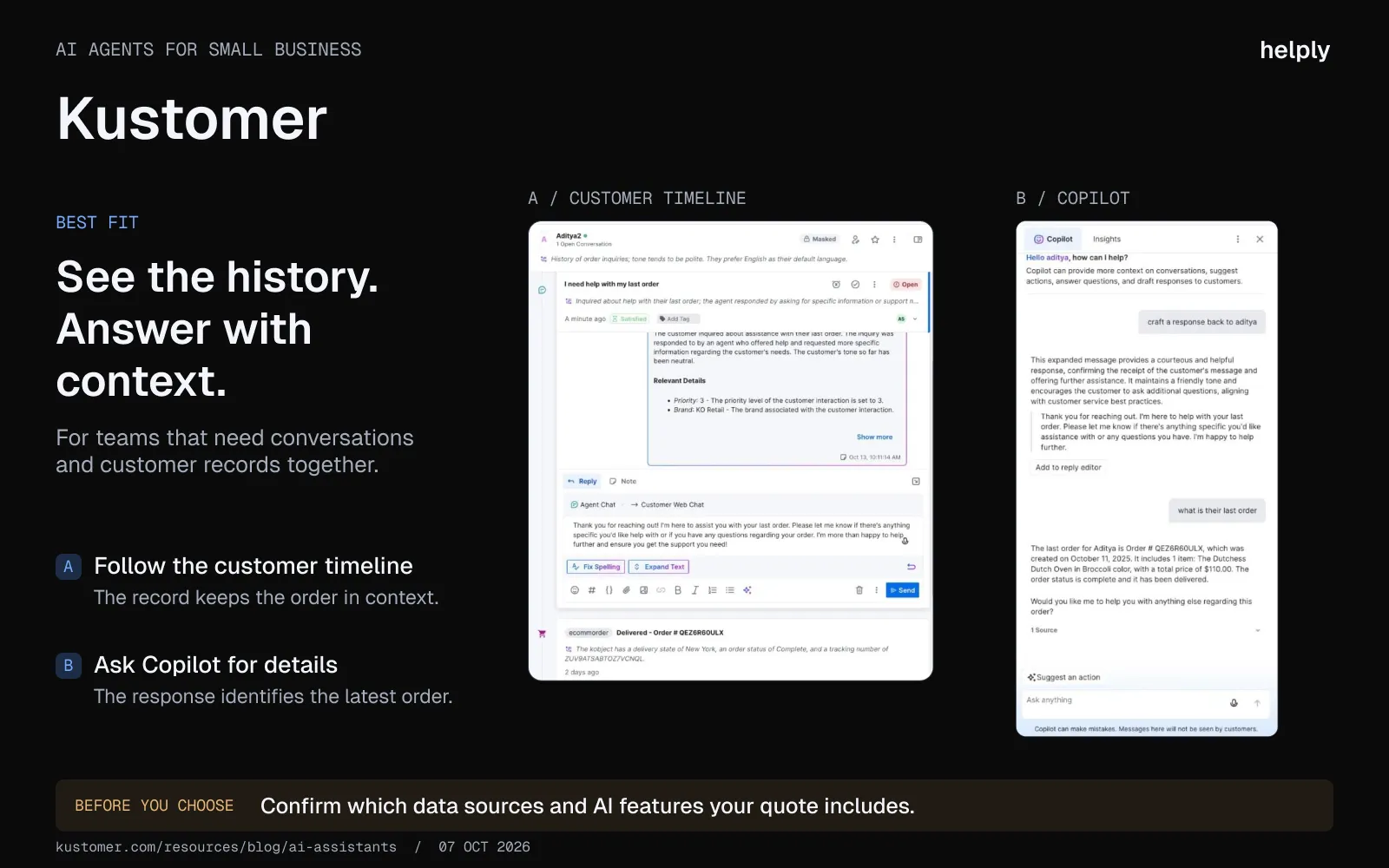 Kustomer customer timeline with an order record beside a Copilot response identifying the customer’s latest order.
