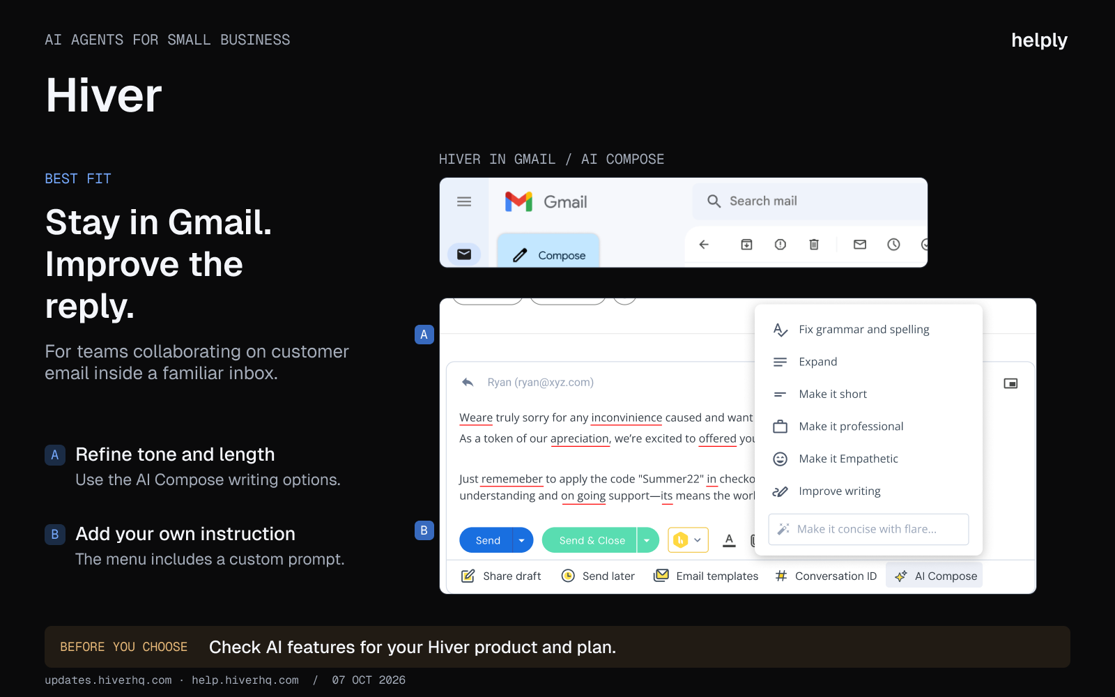 Hiver AI Compose in Gmail with grammar, tone, length and custom-prompt options beside the email reply controls.