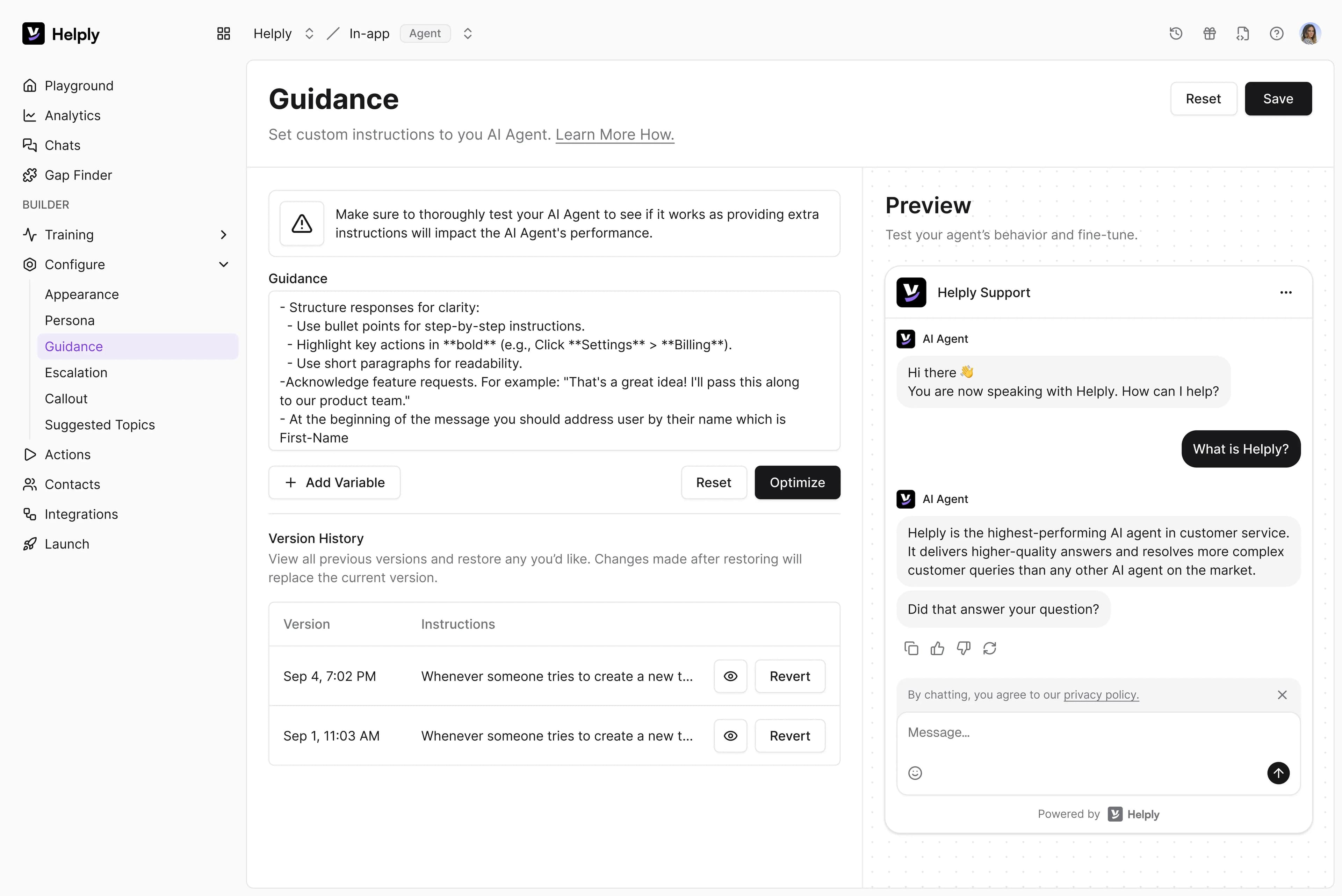 screenshot showing helply's Guidance feature