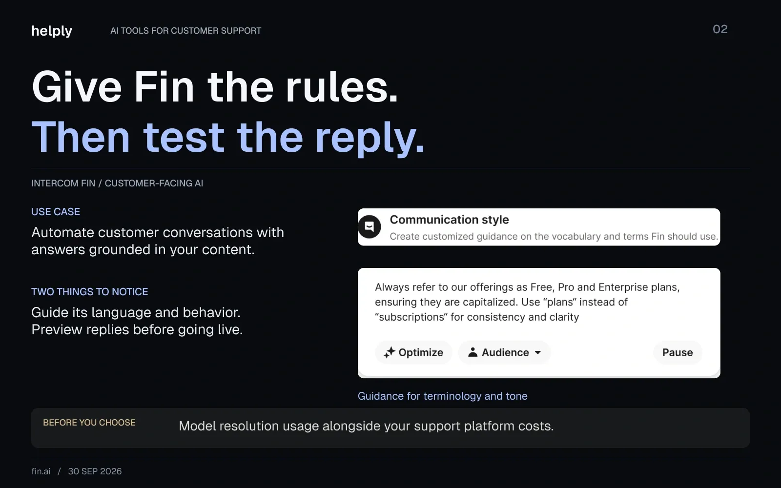 Intercom Fin communication guidance with an example terminology rule, alongside notes on grounded answers, reply testing, and usage costs.
