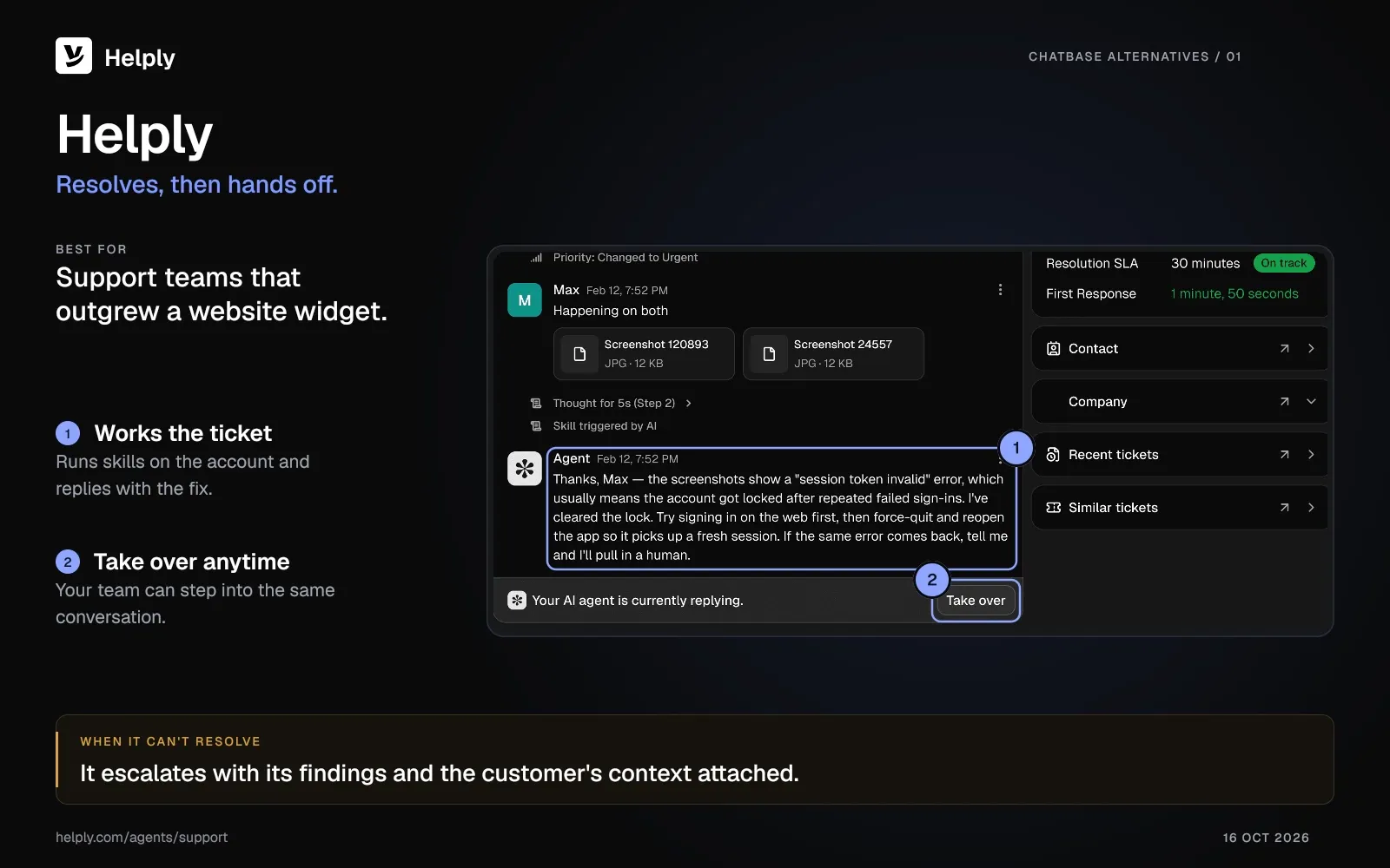Helply ticket view where the Support Agent replies with a fix for a locked account, with a Take over button for the support team