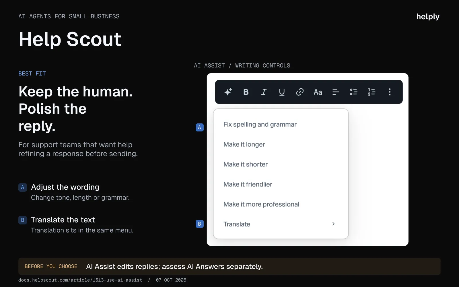 Help Scout AI Assist menu with spelling, grammar, length, tone and translation controls for support replies.