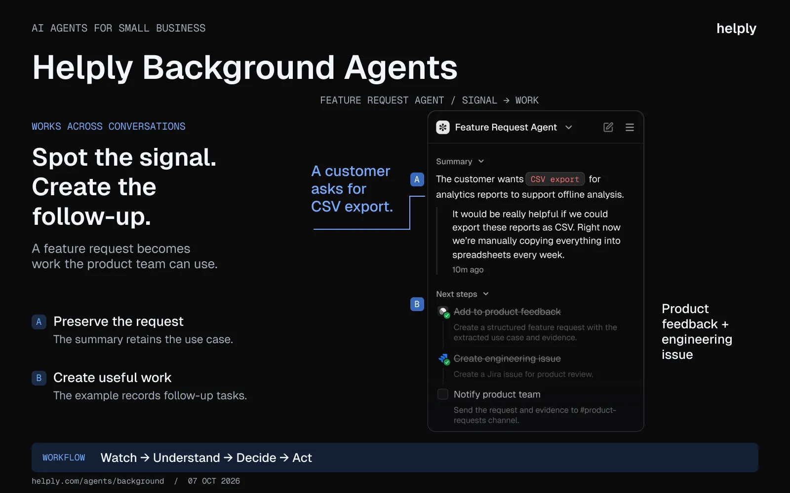 Helply Feature Request Agent summarizing a CSV export request and recording product feedback and an engineering issue.