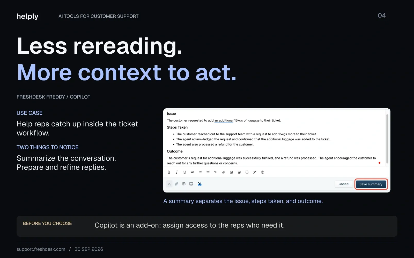 Freddy Copilot ticket summary organized into issue, steps taken, and outcome, with a Save summary control.