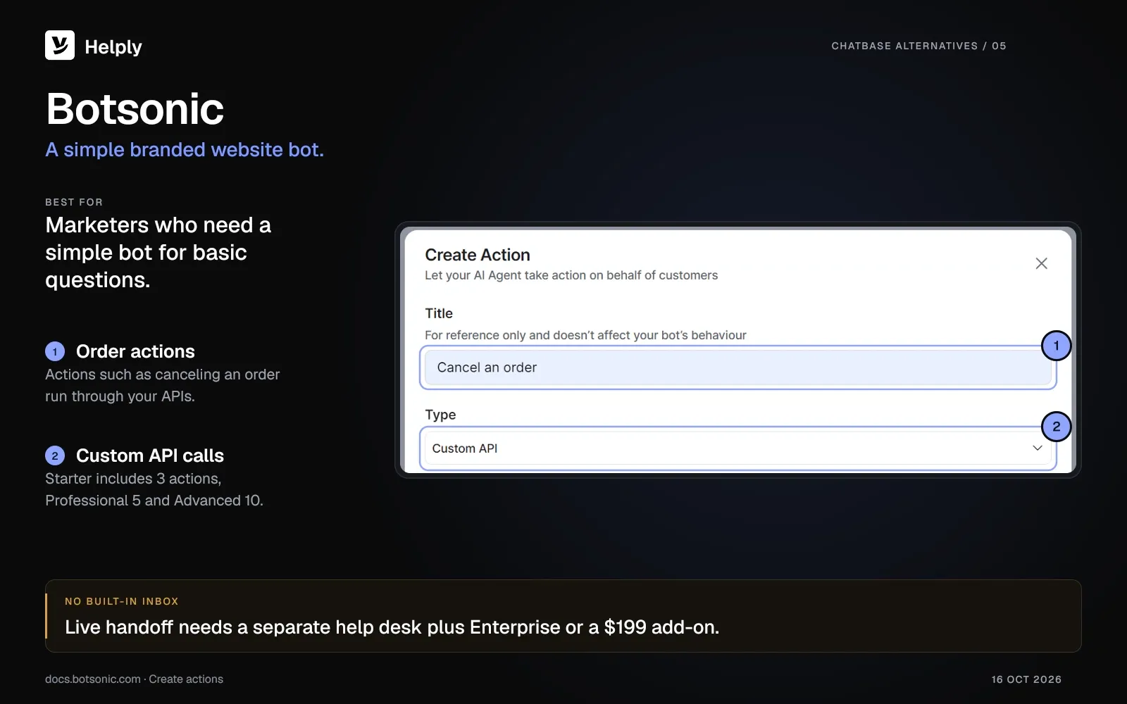 Botsonic Create Action form with the title Cancel an order and the action type set to Custom API