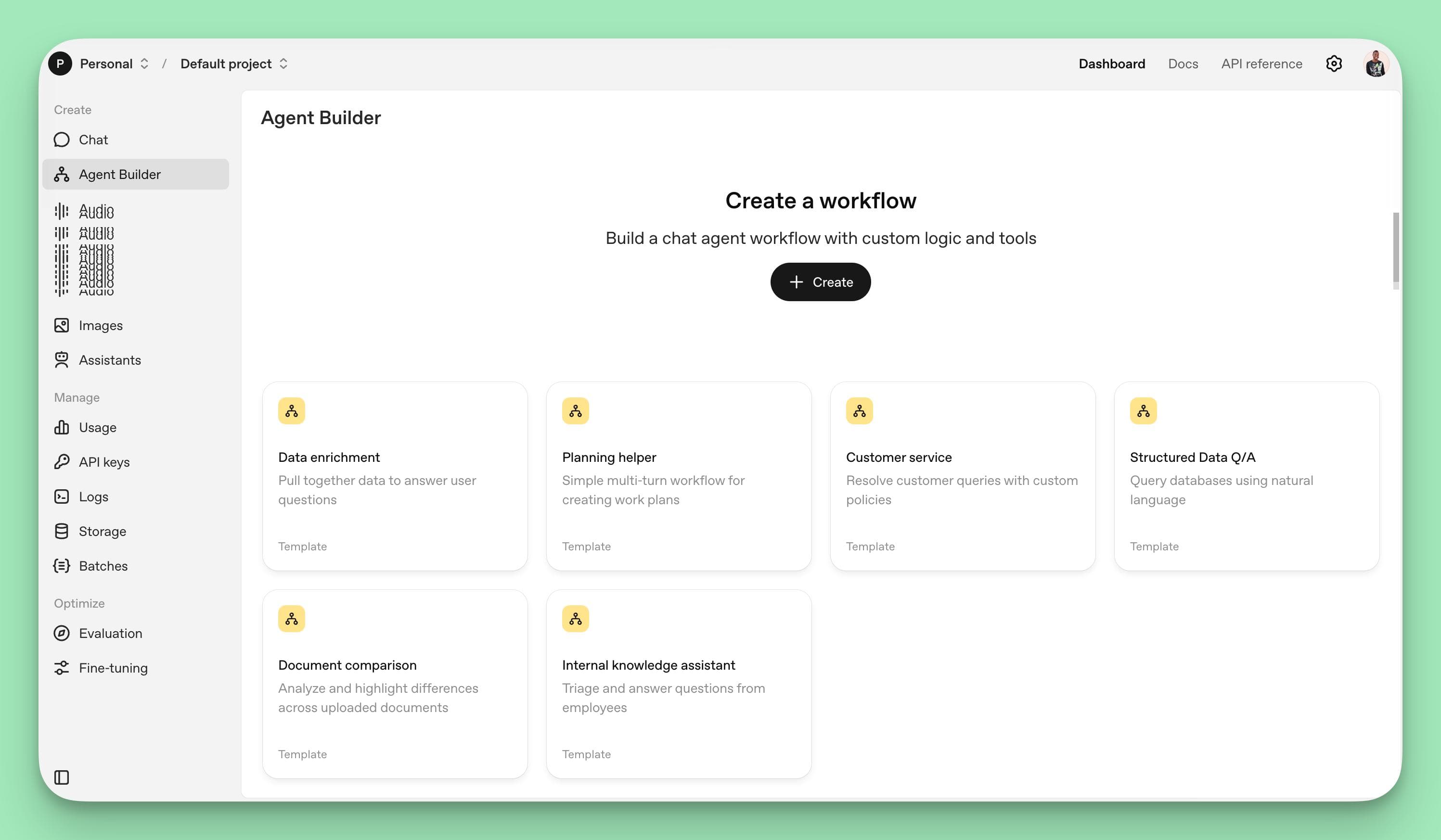 The main dashboard of the OpenAI Agent Builder, showing a "+ Create" button to start a new workflow and several pre-built templates, including "Customer service," "Planning helper," and "Data enrichment.