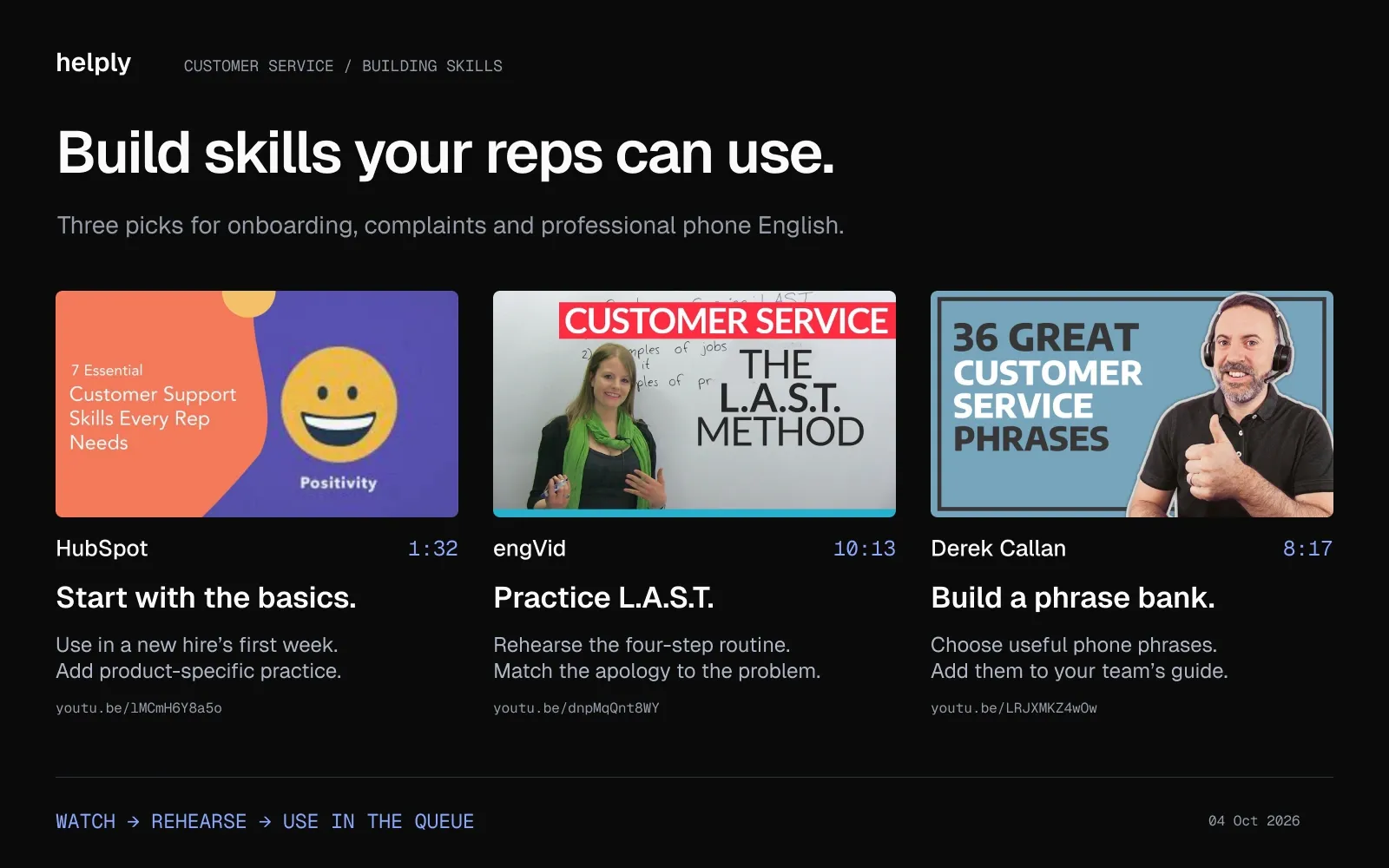HubSpot, engVid and Derek Callan video thumbnails with runtimes and practice prompts for onboarding, complaint handling and professional phone English.