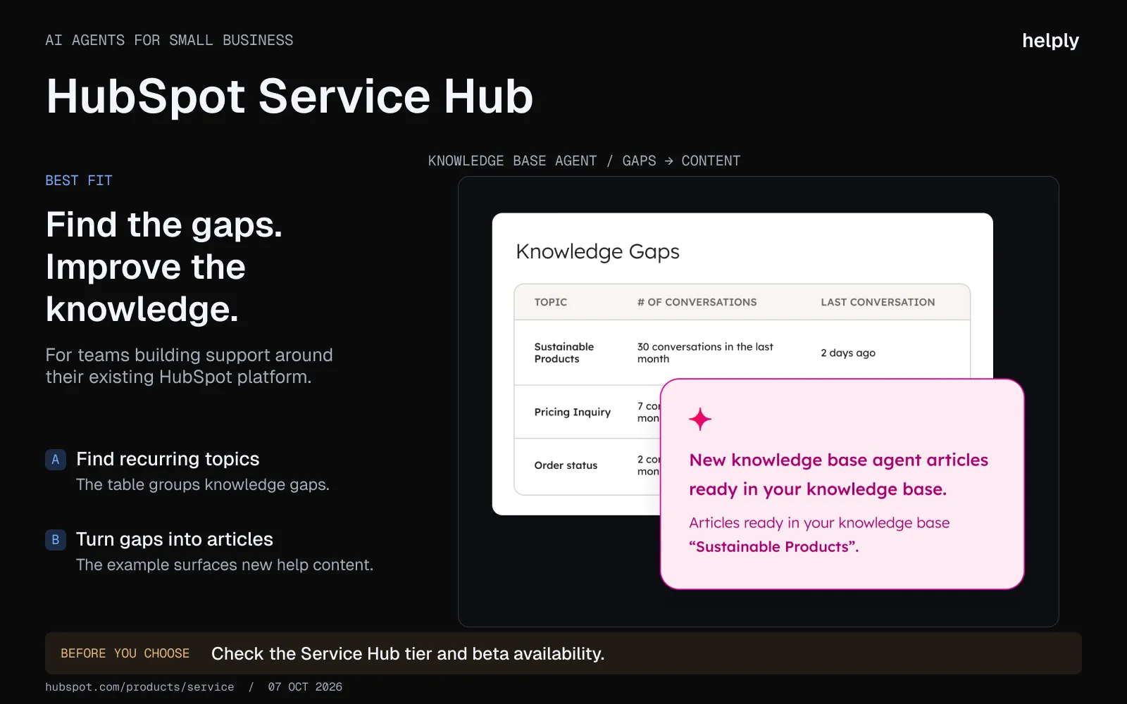 HubSpot Service Hub Knowledge Gaps table with recurring topics and a notification about new knowledge-base articles.