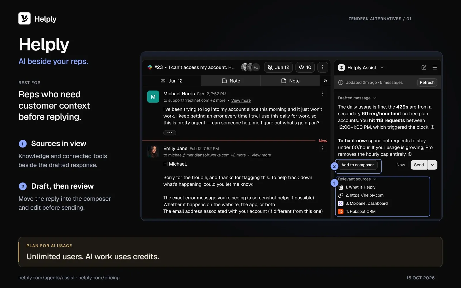 Helply Assist beside a customer conversation, with callouts highlighting its source list and the control for moving a draft into the reply composer.