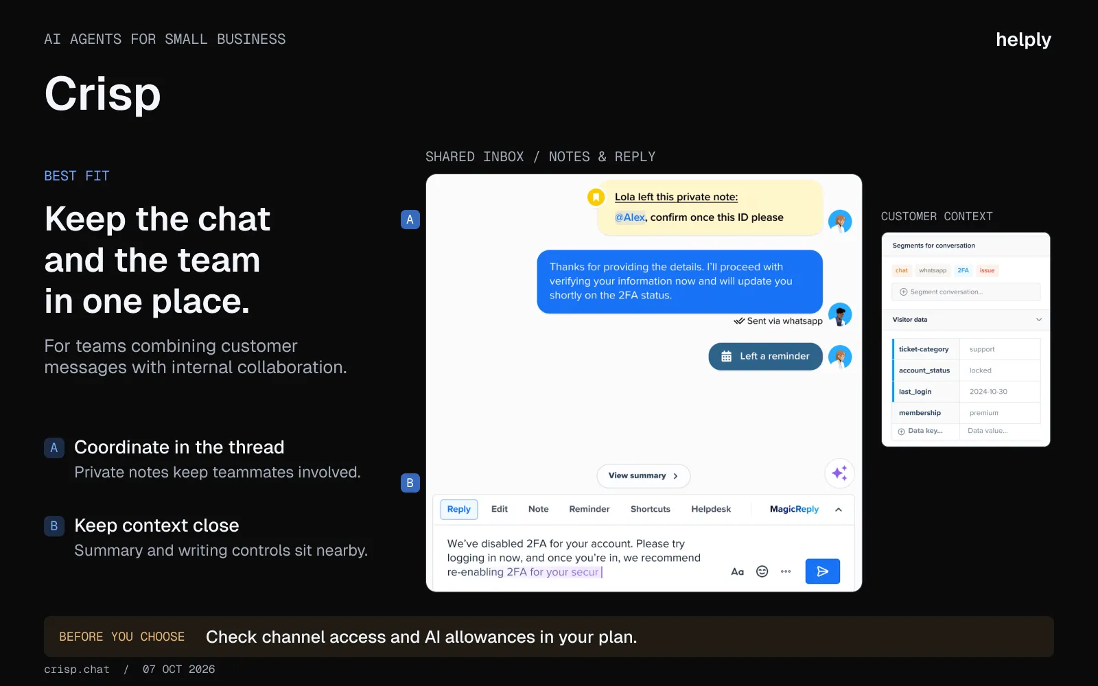 Crisp shared inbox showing a private note, conversation summary and MagicReply controls beside customer account context.