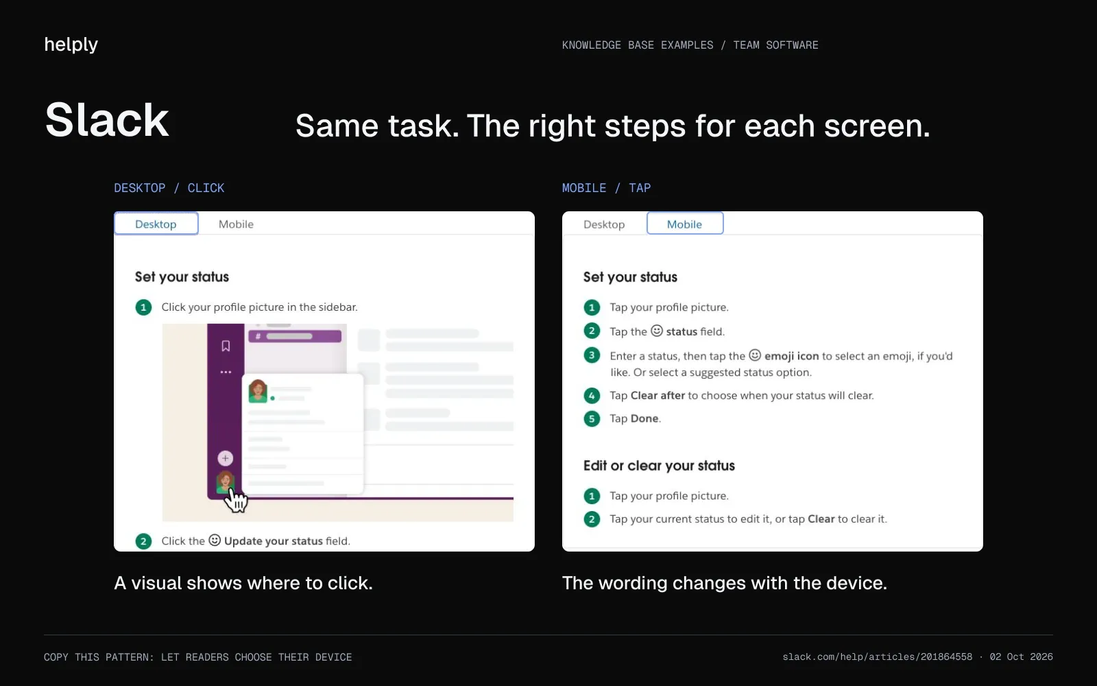 Slack’s Desktop and Mobile help tabs show different steps for setting a status, including a desktop screenshot and tap-based mobile instructions.