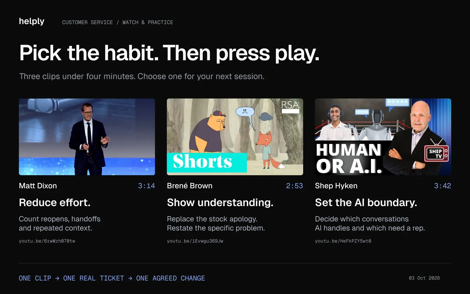 Video thumbnails for Matt Dixon on reducing customer effort, Brené Brown on empathy, and Shep Hyken on AI boundaries, with runtimes and practice prompts.