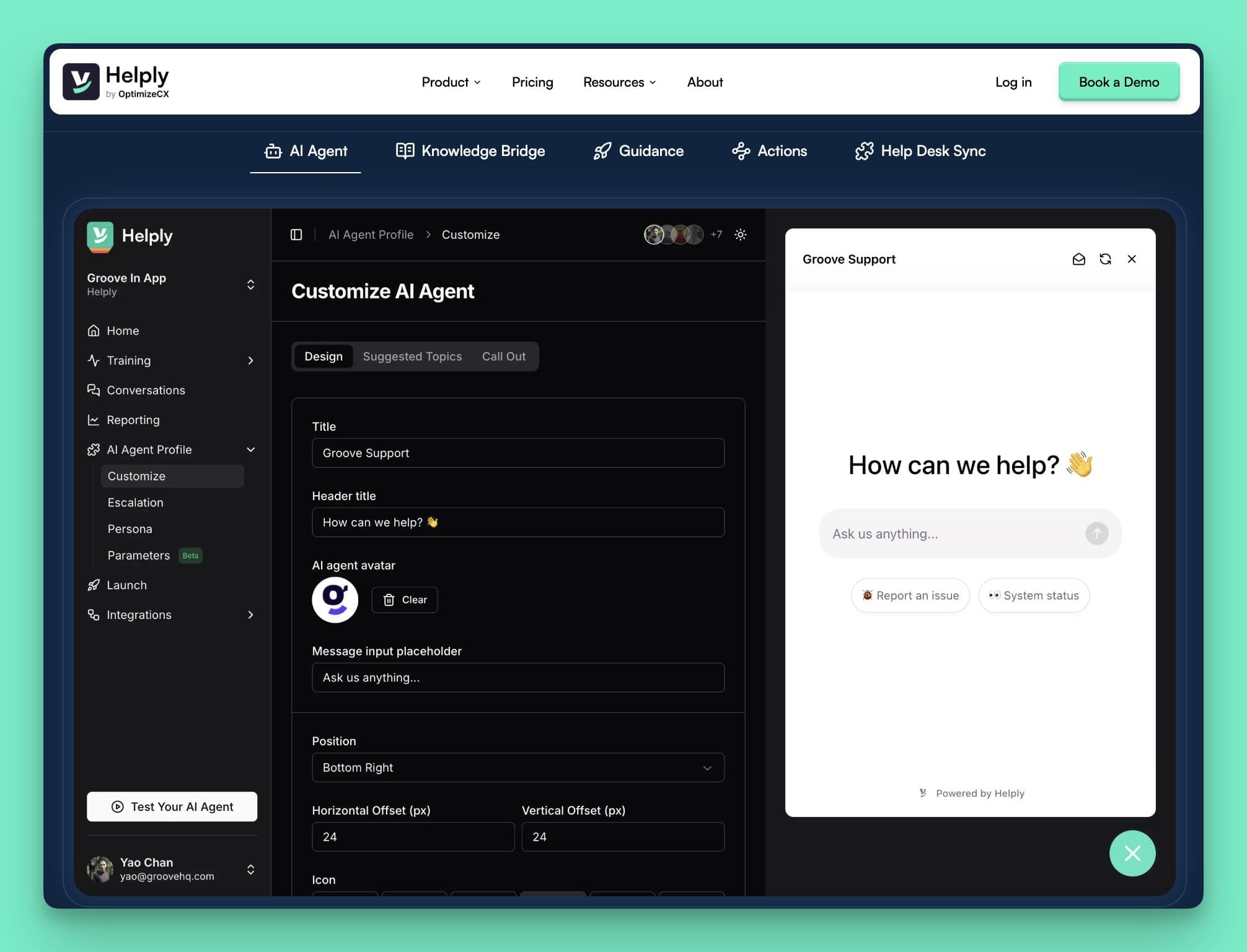 A screenshot of the Helply AI agent, the best ManyChat alternative, showing its conversations dashboard and AI-powered responses integrated with a knowledge base.