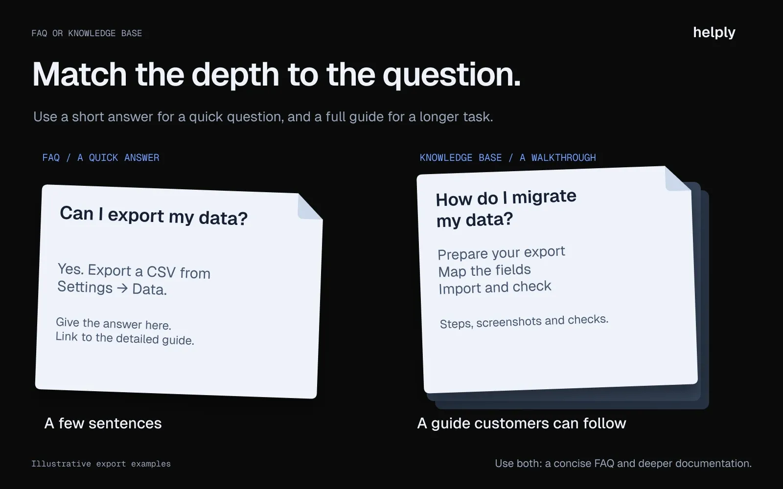 A short data-export FAQ is paired with a longer migration guide to show when a question needs a knowledge-base walkthrough.
