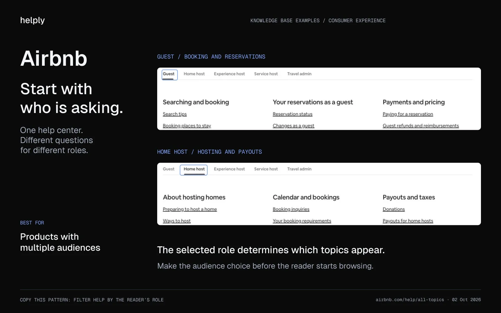 Airbnb’s Guest and Home host tabs reveal different help topics for reservations, hosting, and payouts.