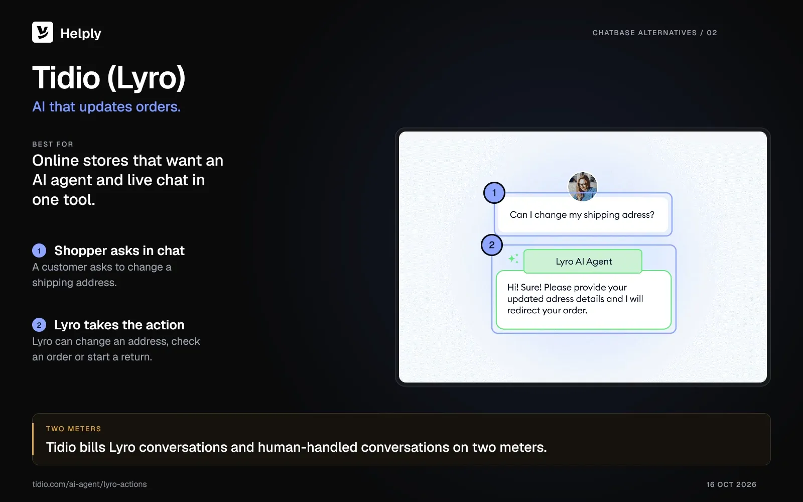 Tidio Lyro AI Agent chat where a shopper asks to change a shipping address and Lyro asks for the new details to redirect the order