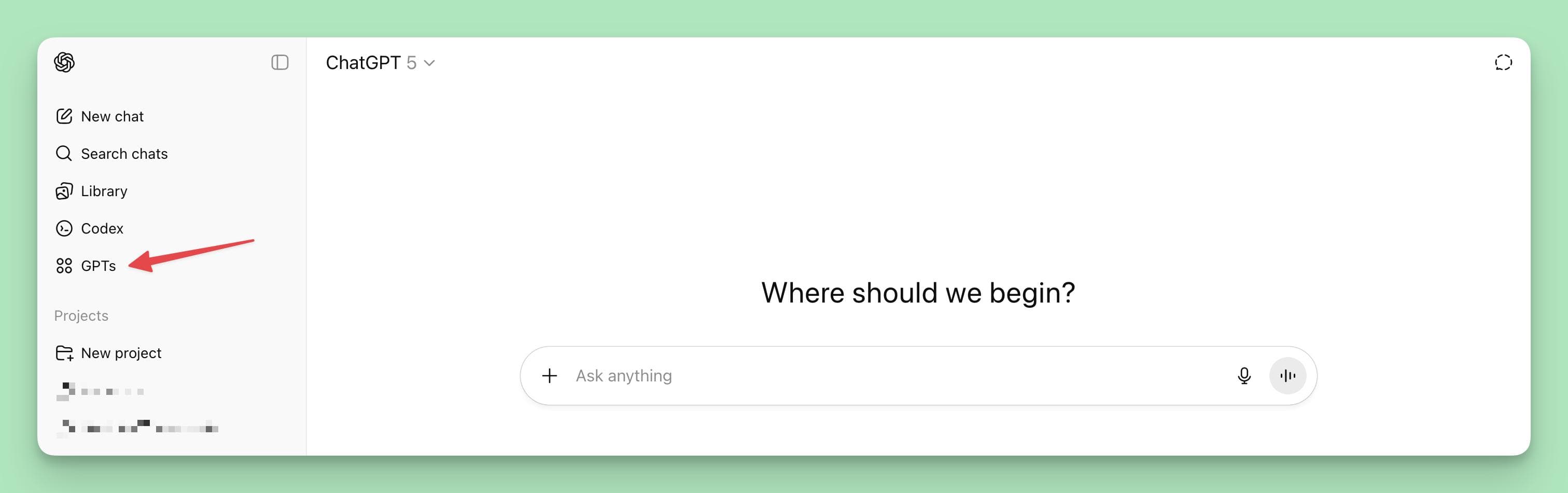 Screenshot showing the ChatGPT interface with an arrow pointing to the "GPTs" tab in the left sidebar, illustrating where to start when following the guide on How to Train ChatGPT on Your Own Data.