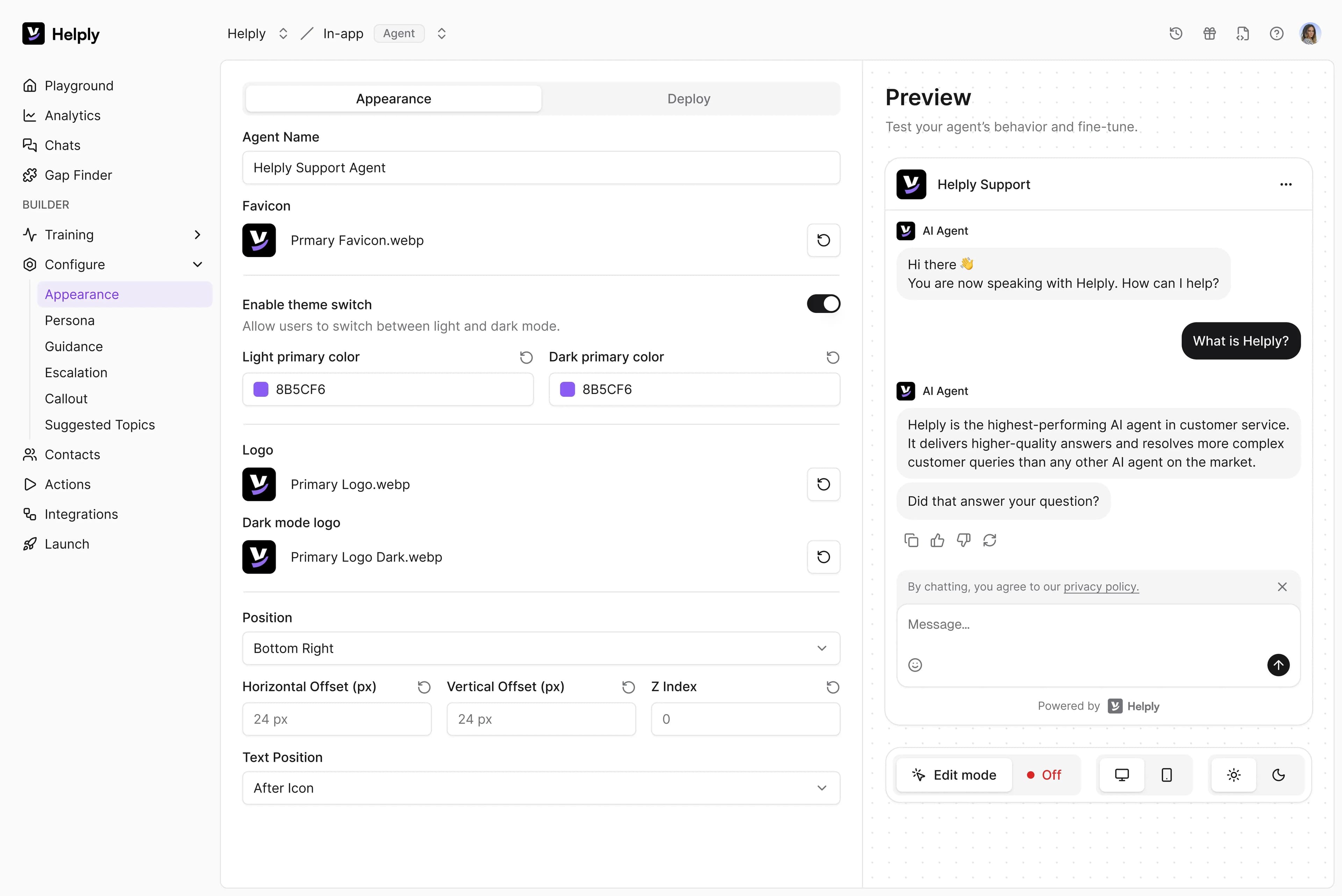 screenshot showing helply's ai actions feature