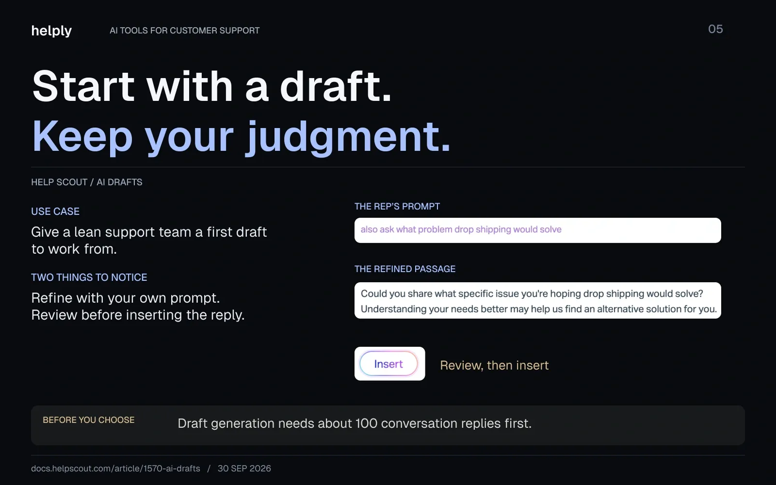 Help Scout AI Drafts example showing a rep’s refinement prompt, the added follow-up question, and the Insert control.